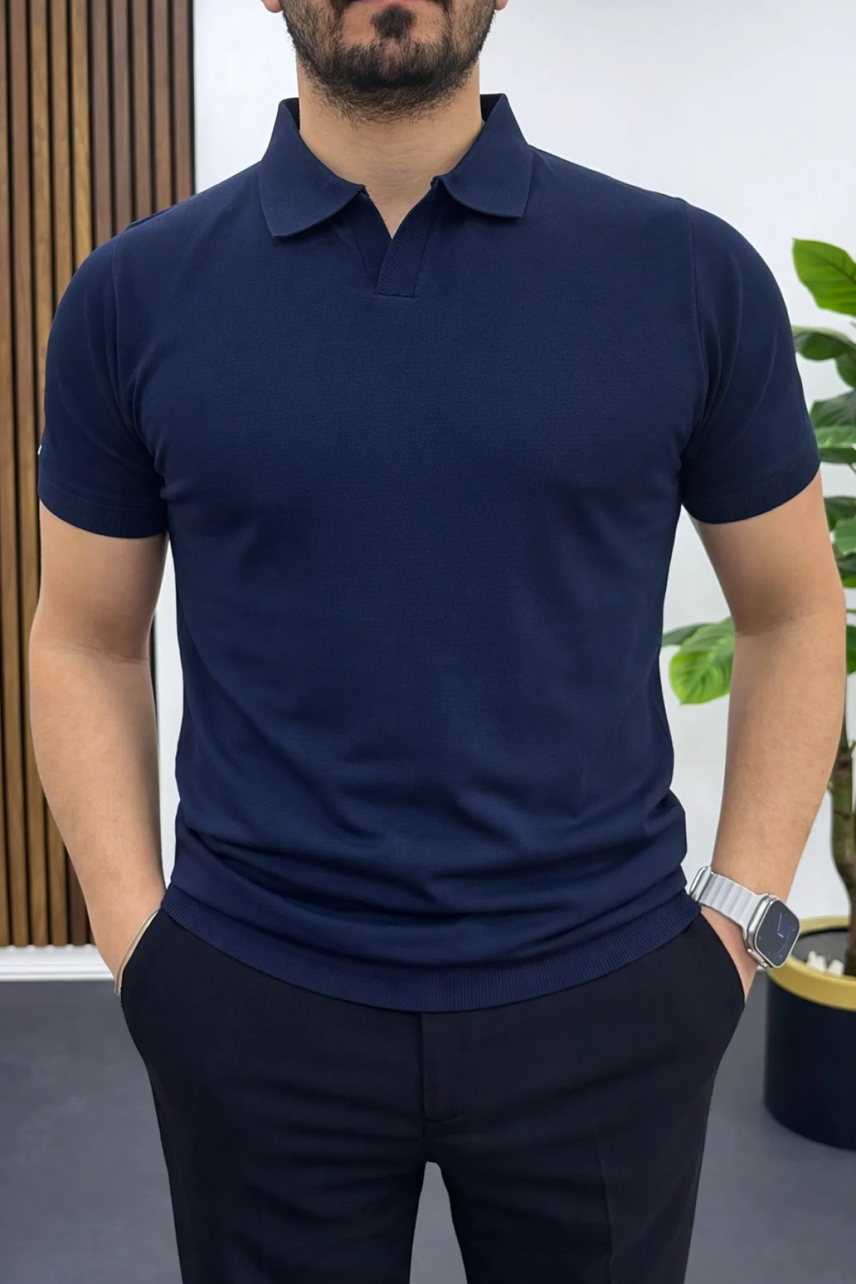 Erkek Açık Yaka Düz Tişört Lacivert Edw461