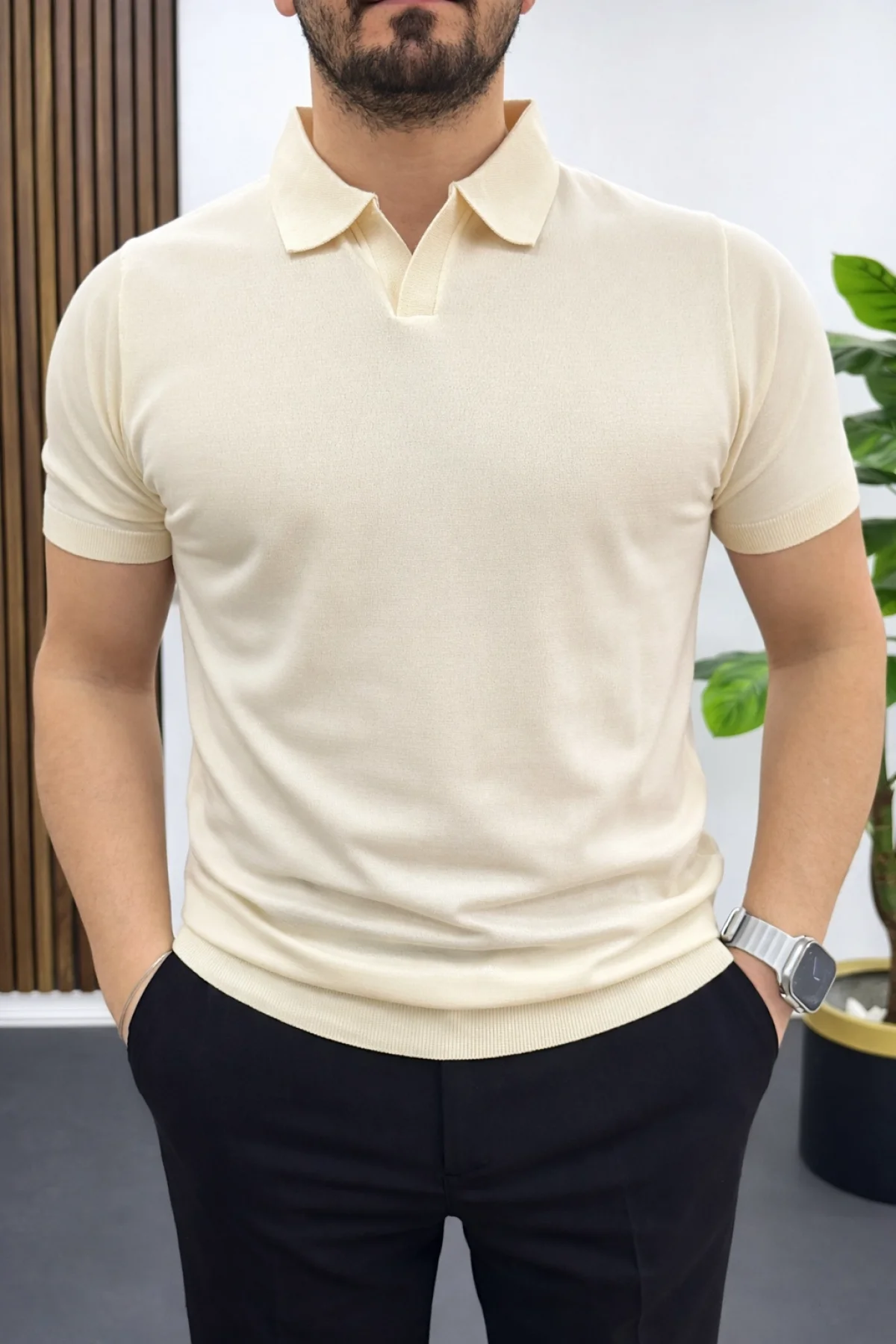 Erkek Açık Yaka Düz Tişört Krem Edw461