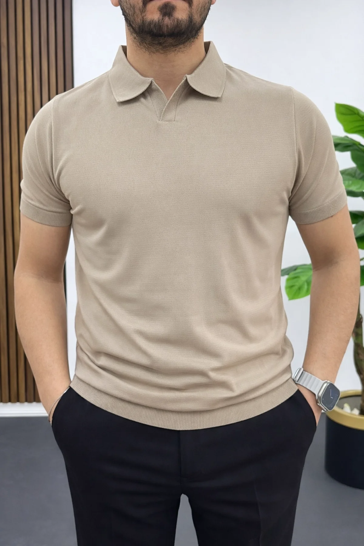 Erkek Açık Yaka Düz Tişört Vizon Edw461