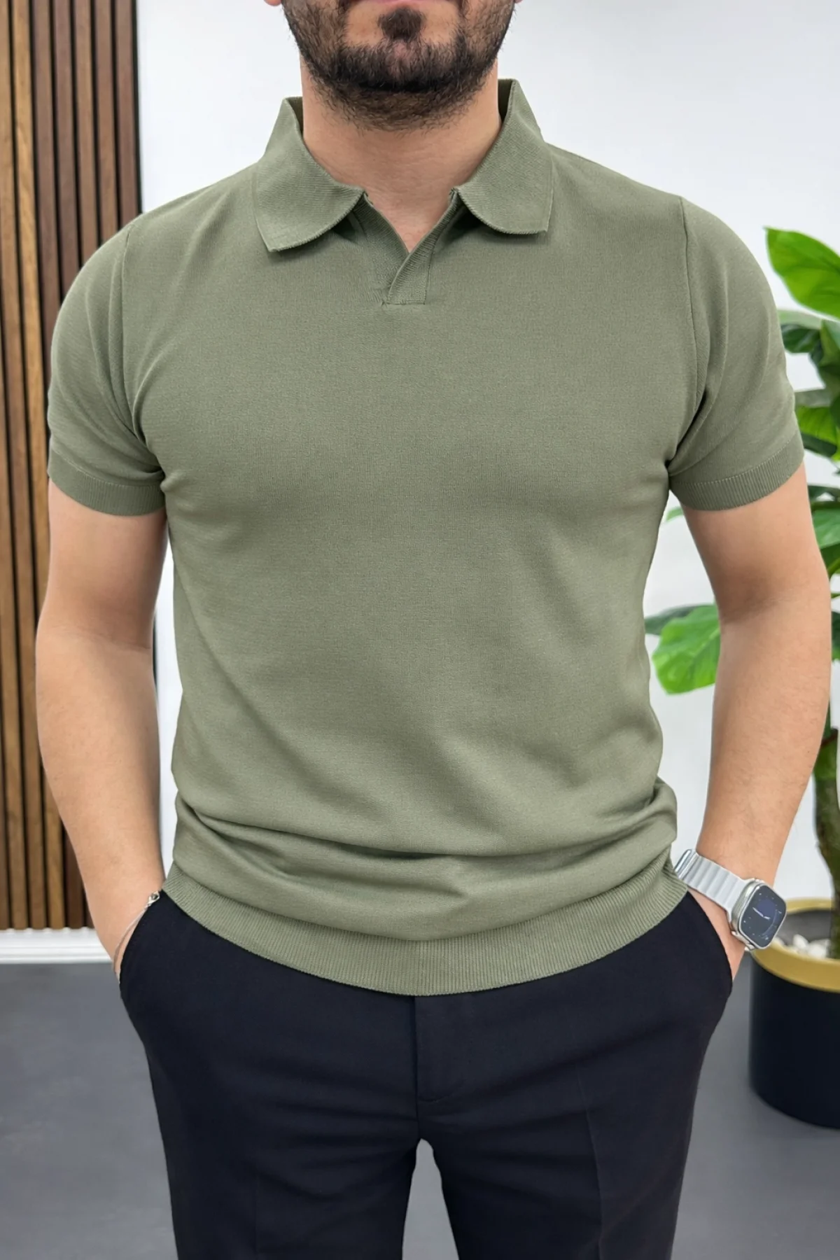 Erkek Açık Yaka Düz Tişört Açık Yeşil Edw461