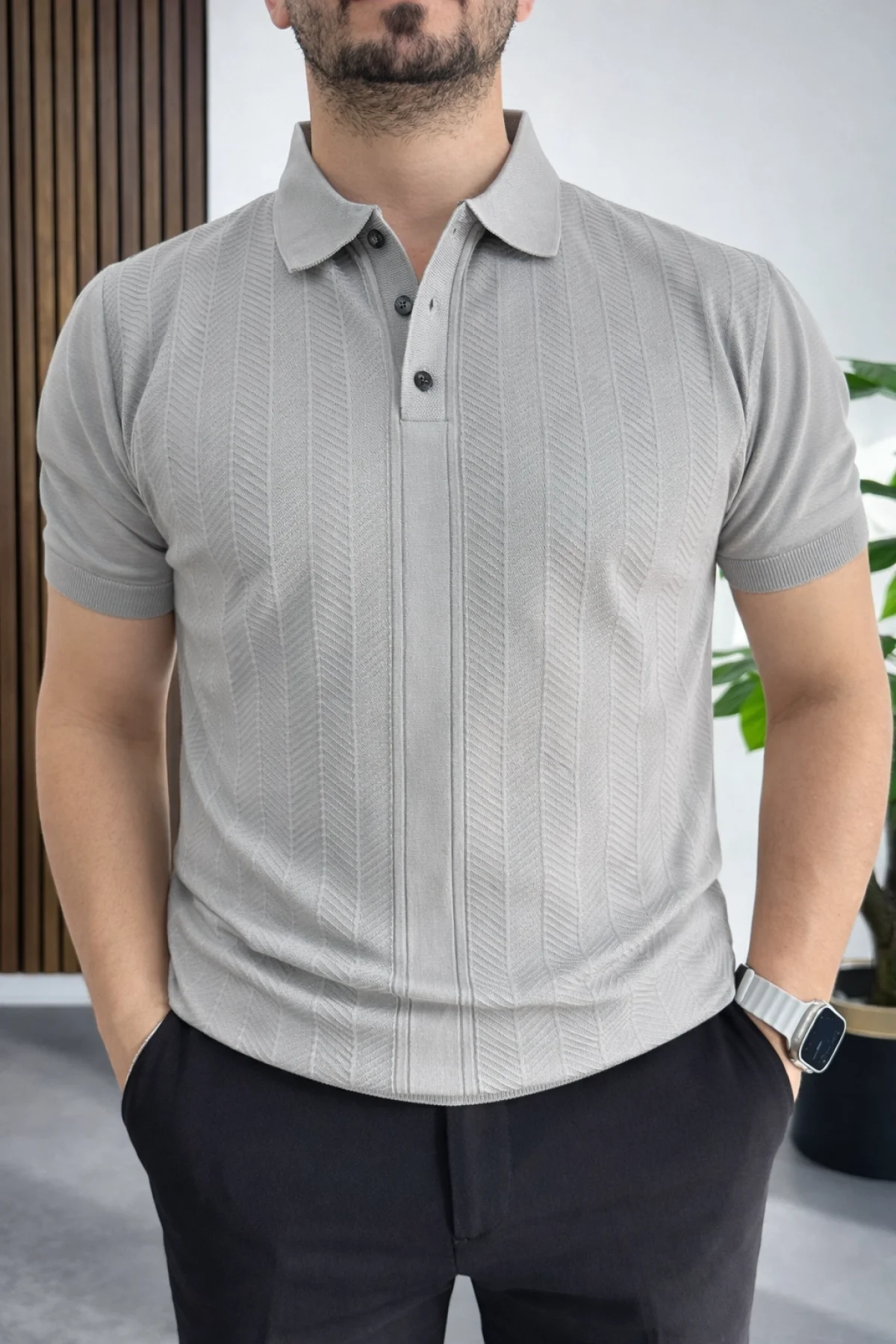 Erkek Desenli Polo Yaka Tişört Gri Edw460