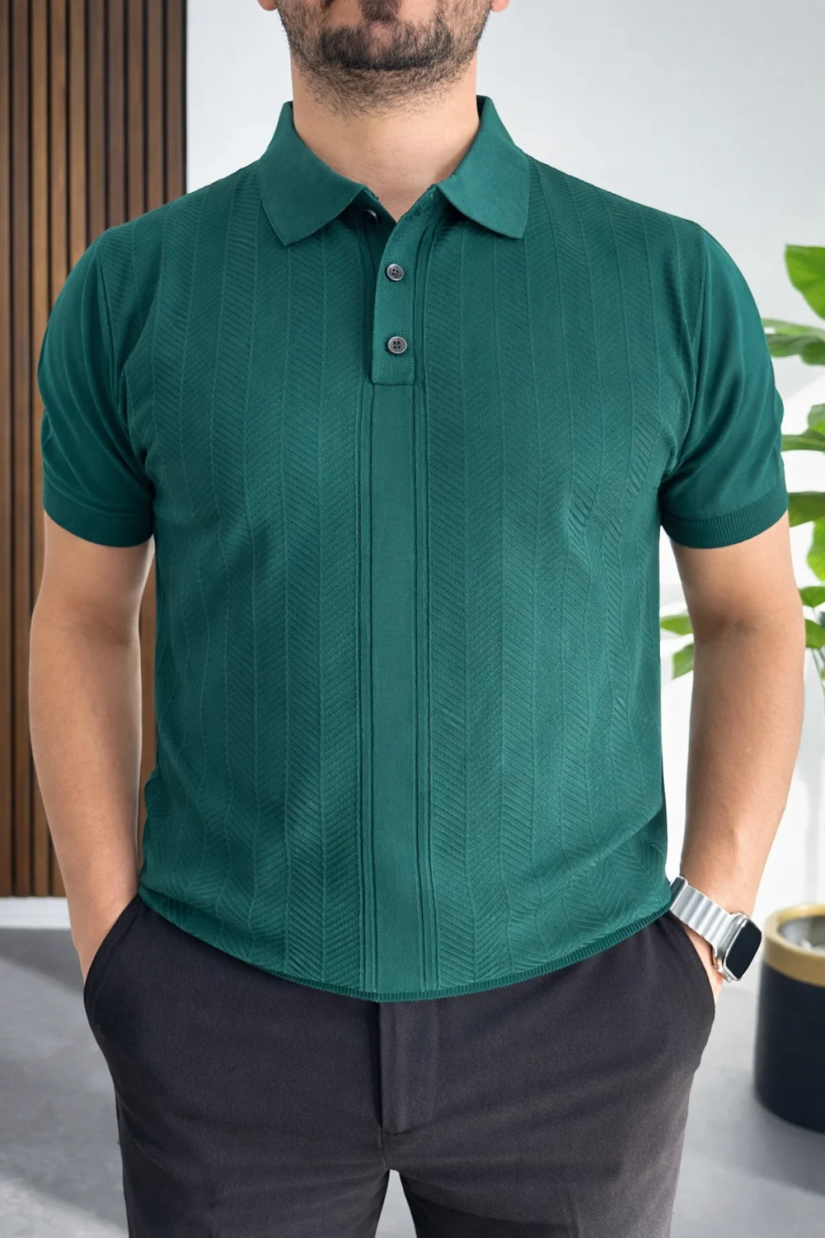 Erkek Desenli Polo Yaka Tişört Yeşil Edw460