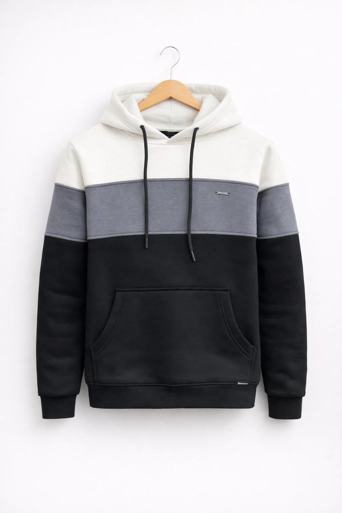 Erkek Slim Fit Renk Bloklu Kapüşonlu Sweatshirt Beyaz Edw438