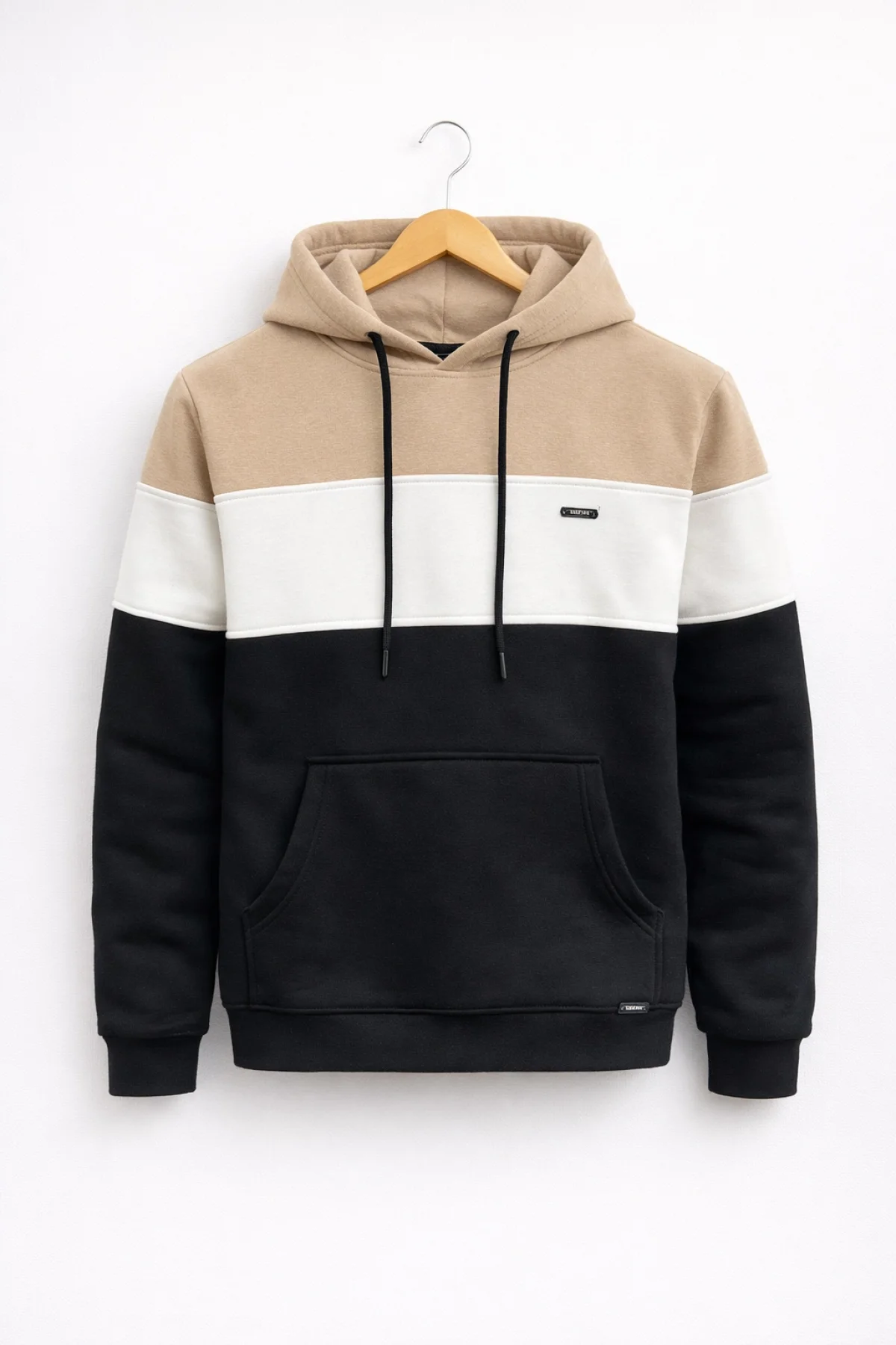 Erkek Slim Fit Renk Bloklu Kapüşonlu Sweatshirt Vizon Edw438