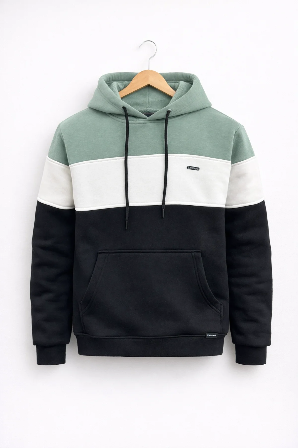 Erkek Slim Fit Renk Bloklu Kapüşonlu Sweatshirt Açık Yeşil Edw438