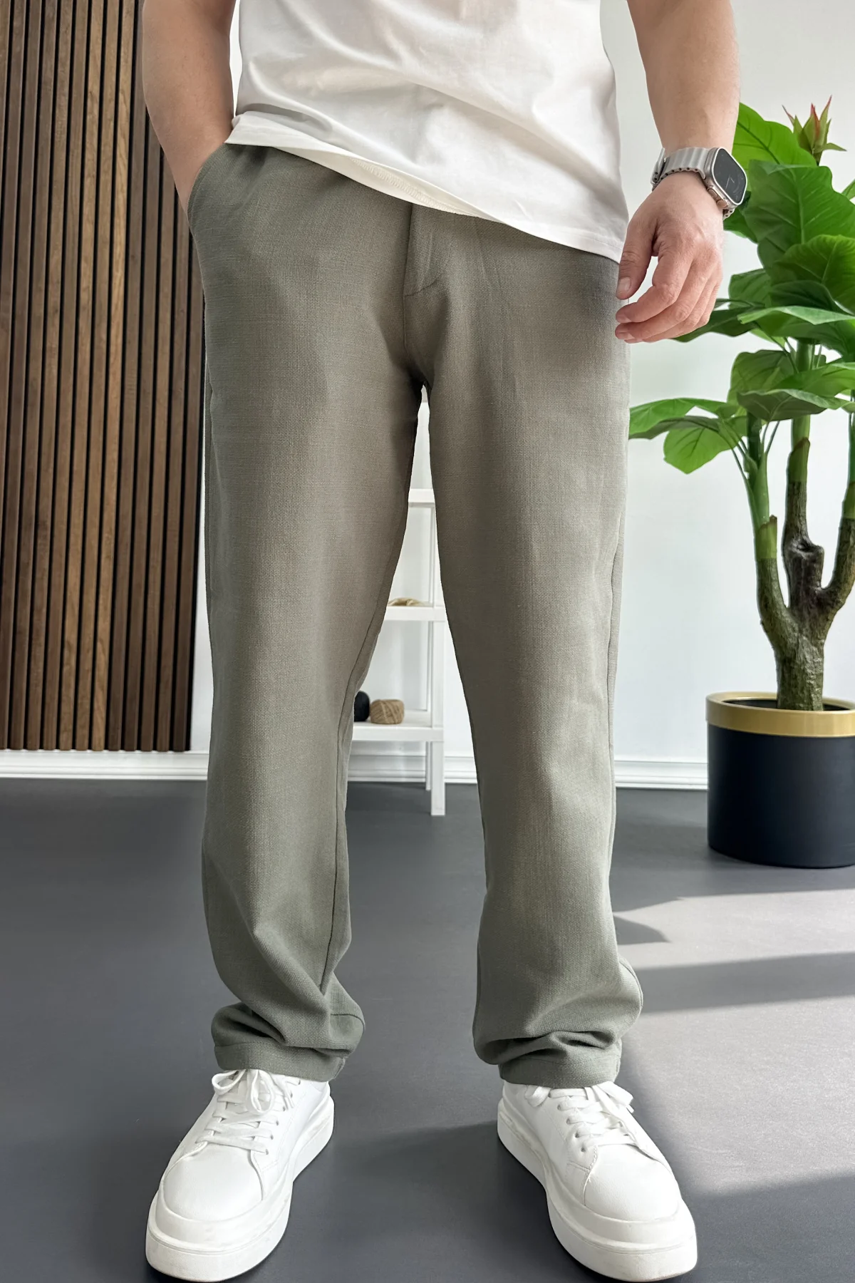 Erkek Beli Düğmeli Pantolon Yeşil Edw469