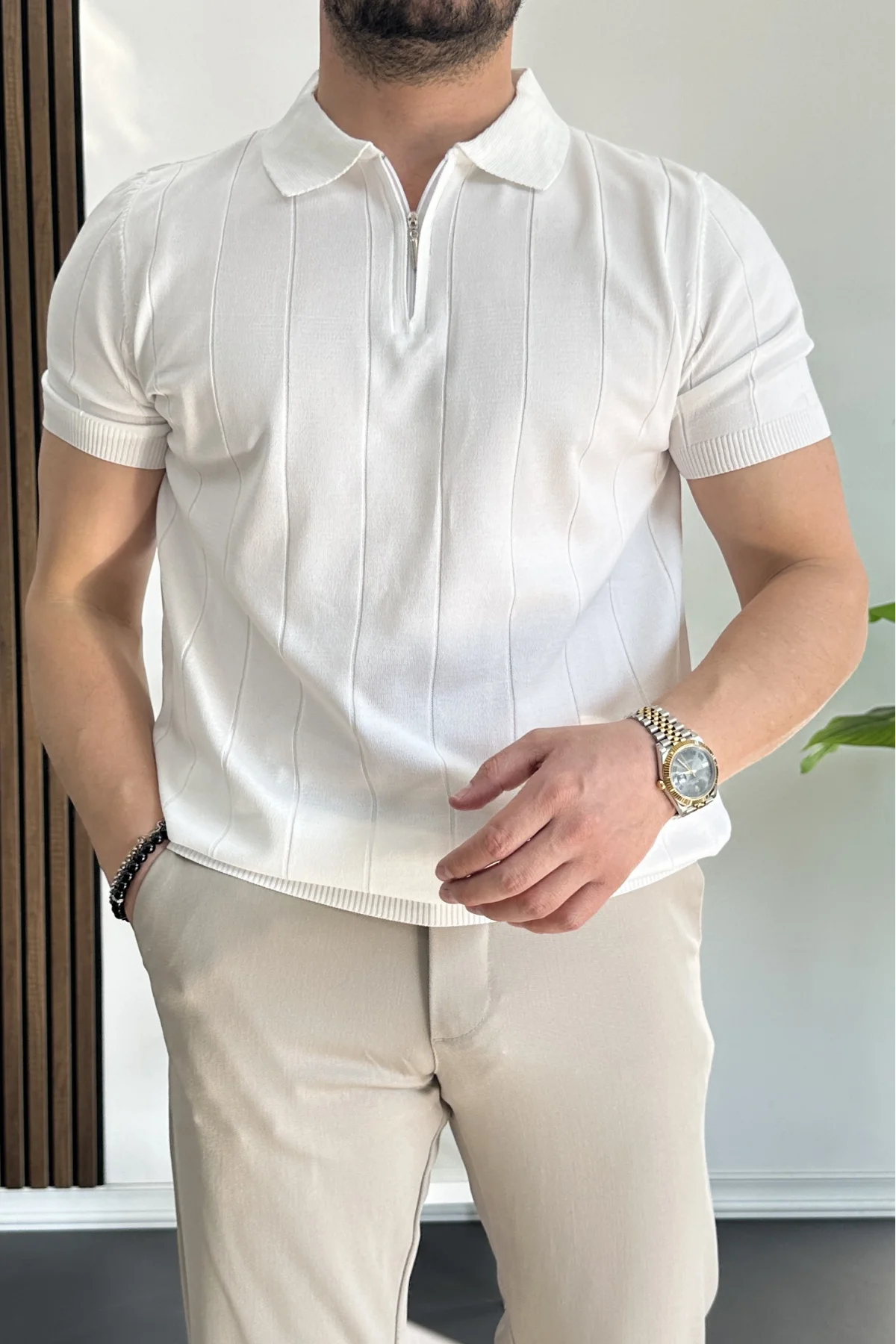 Erkek Slim Fit Fermuarlı Polo Yaka Tişört Beyaz Edw452