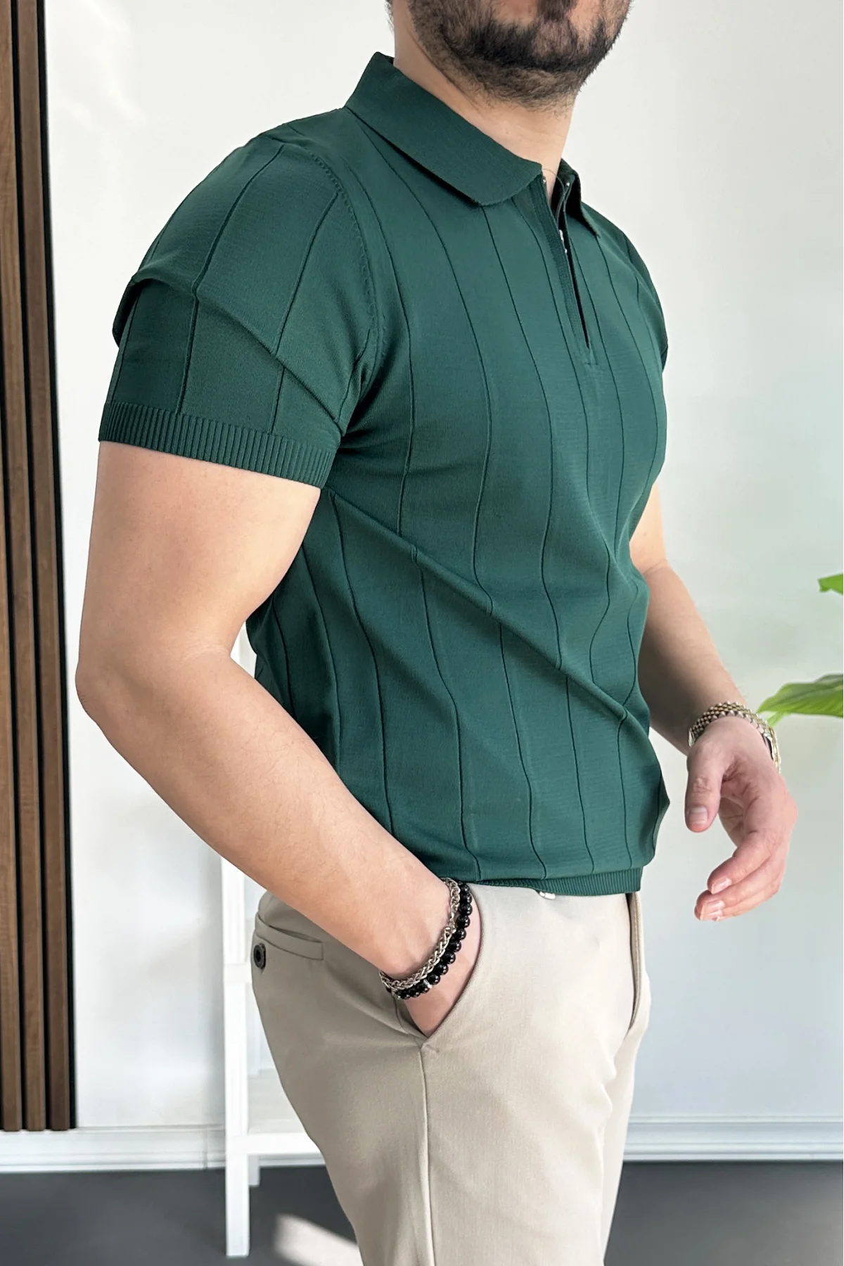 Erkek Slim Fit Fermuarlı Polo Yaka Tişört Yeşil Edw452