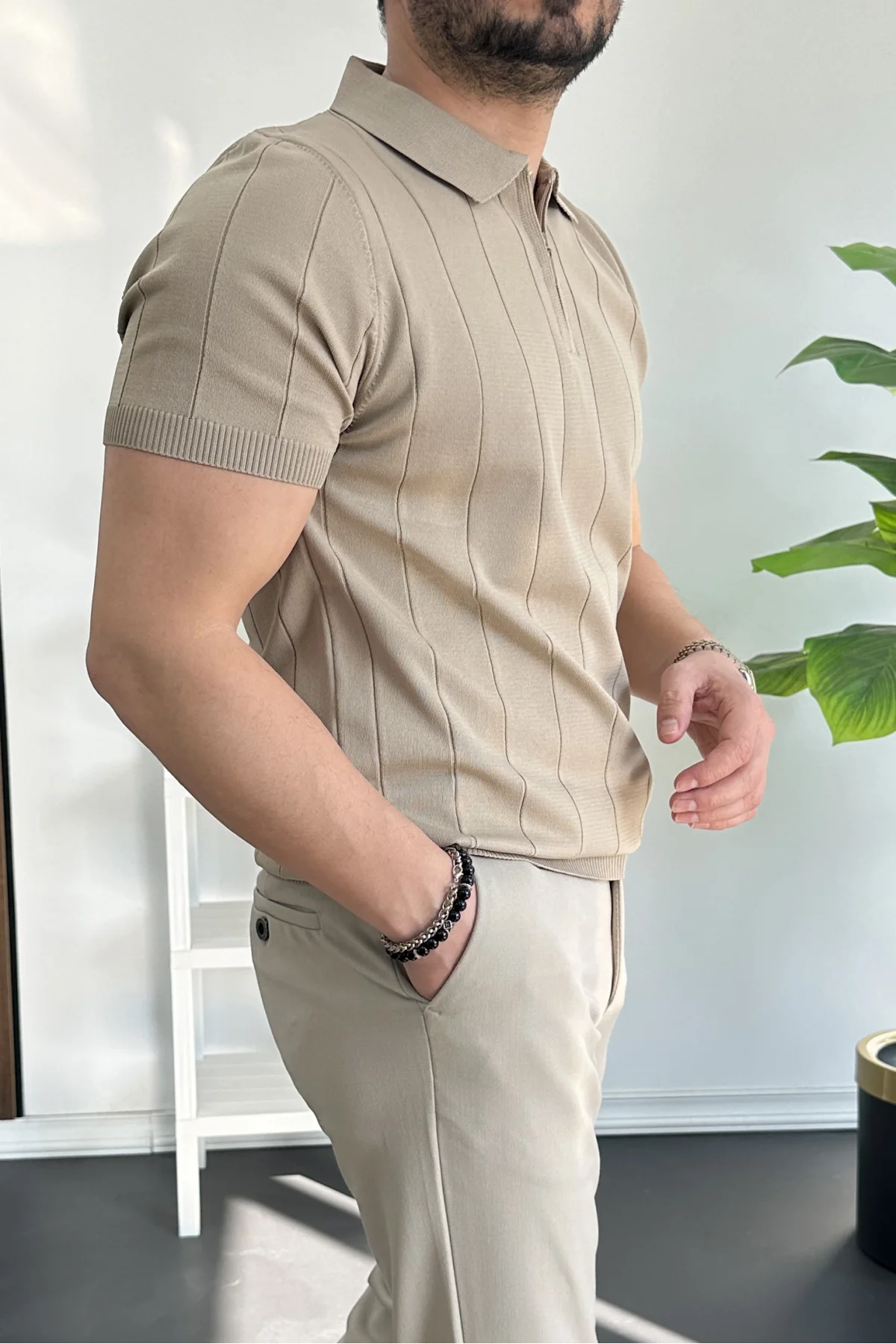 Erkek Slim Fit Fermuarlı Polo Yaka Tişört Vizon Edw452