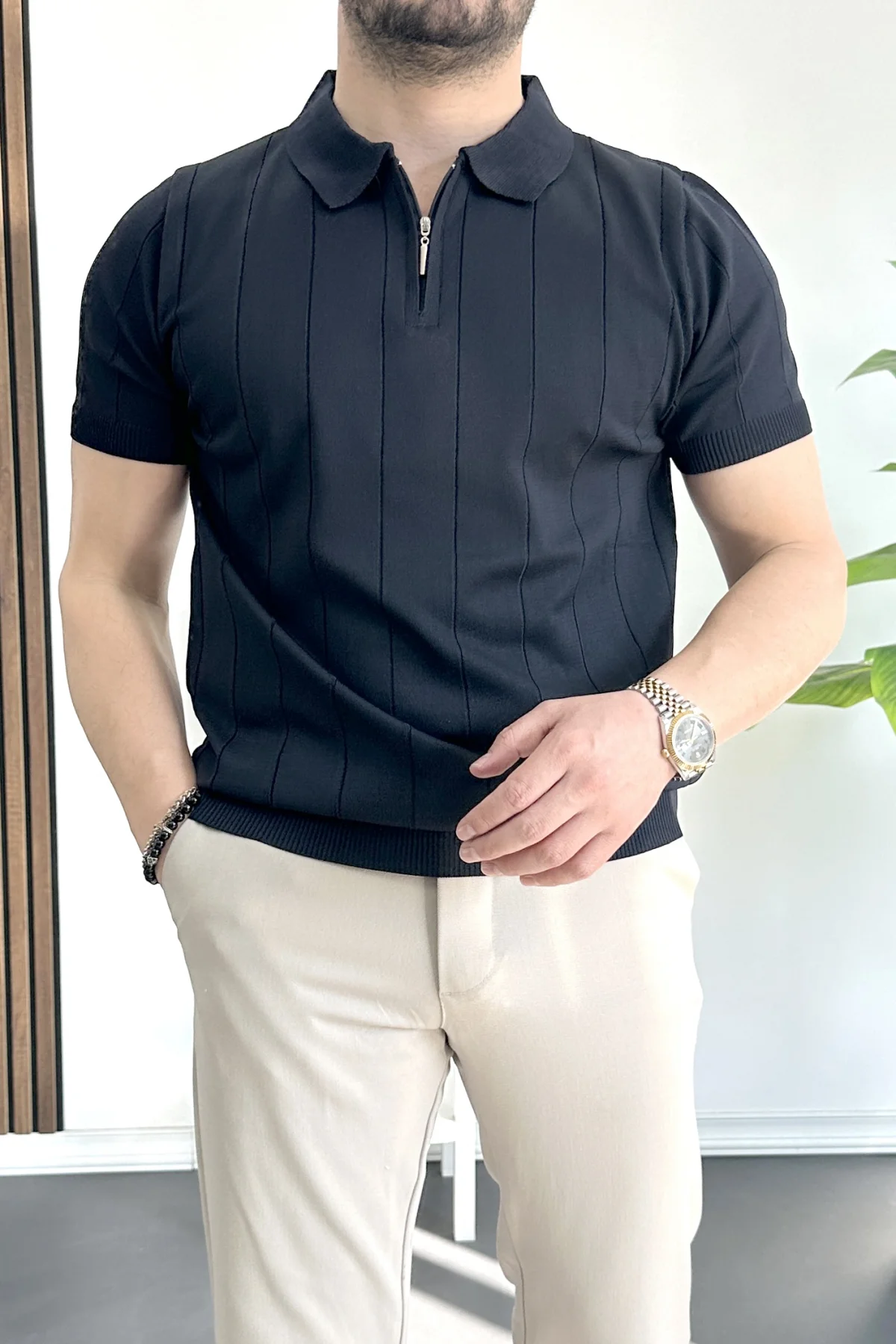Erkek Slim Fit Fermuarlı Polo Yaka Tişört Lacivert Edw452