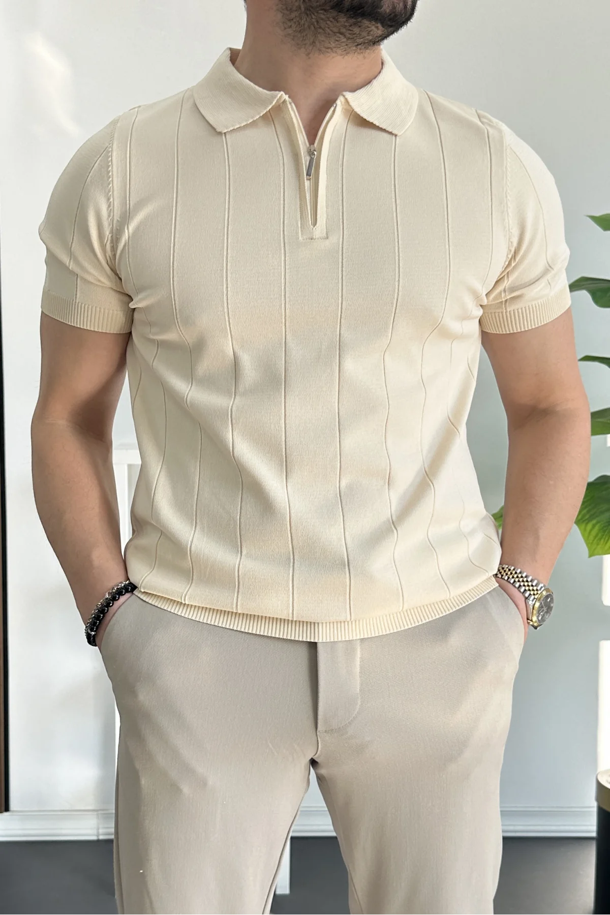 Erkek Slim Fit Fermuarlı Polo Yaka Tişört Krem Edw452