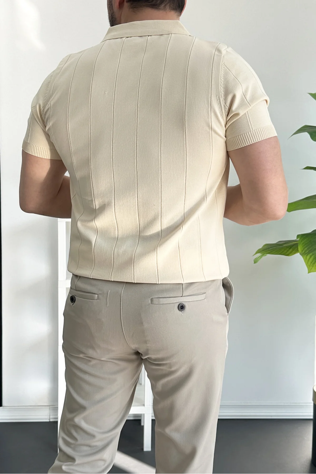 Erkek Slim Fit Fermuarlı Polo Yaka Tişört Krem Edw452