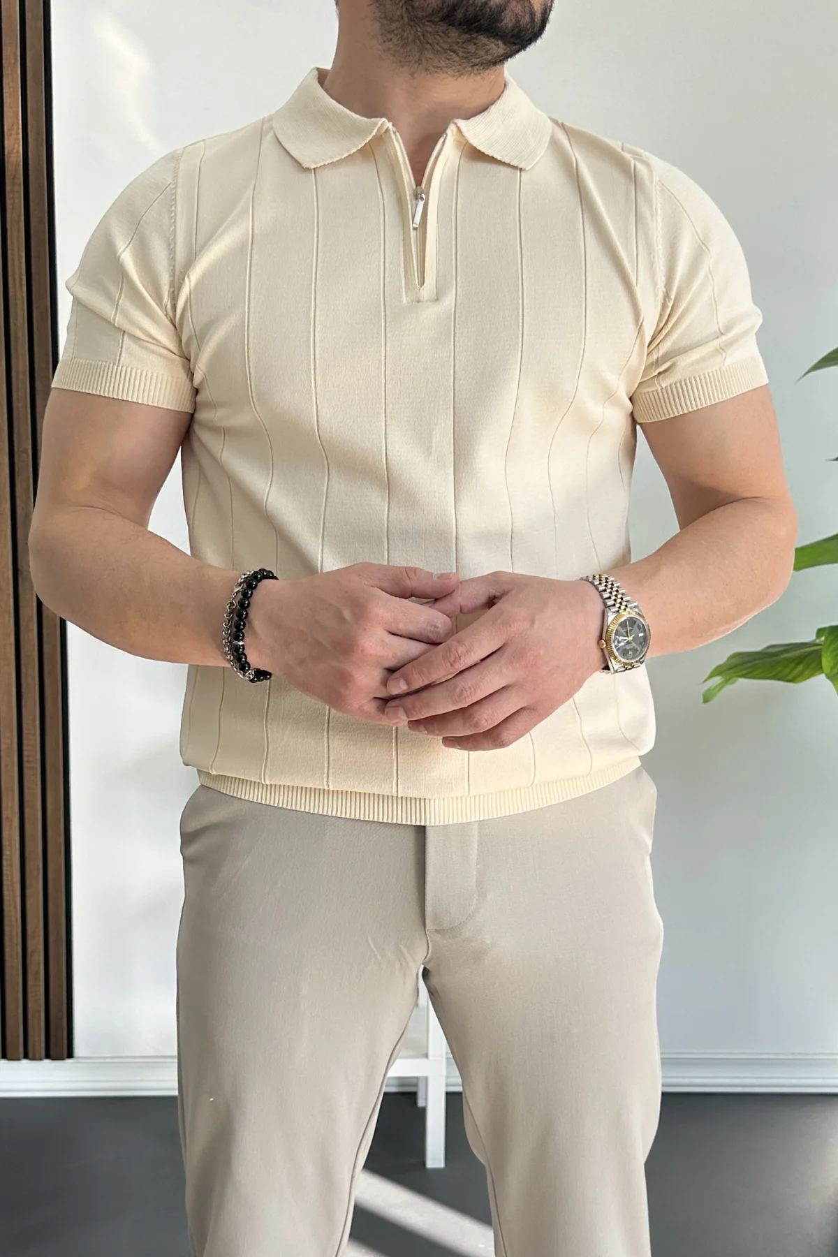 Erkek Slim Fit Fermuarlı Polo Yaka Tişört Krem Edw452