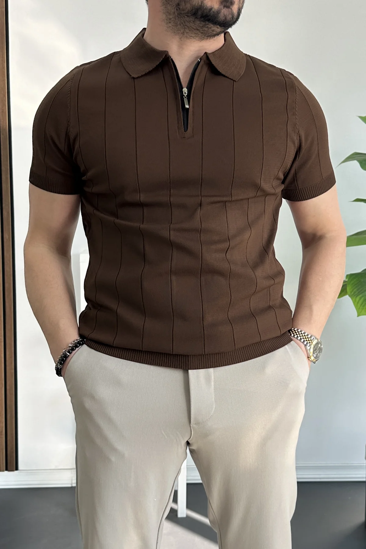 Erkek Slim Fit Fermuarlı Polo Yaka Tişört Kahverengi Edw452