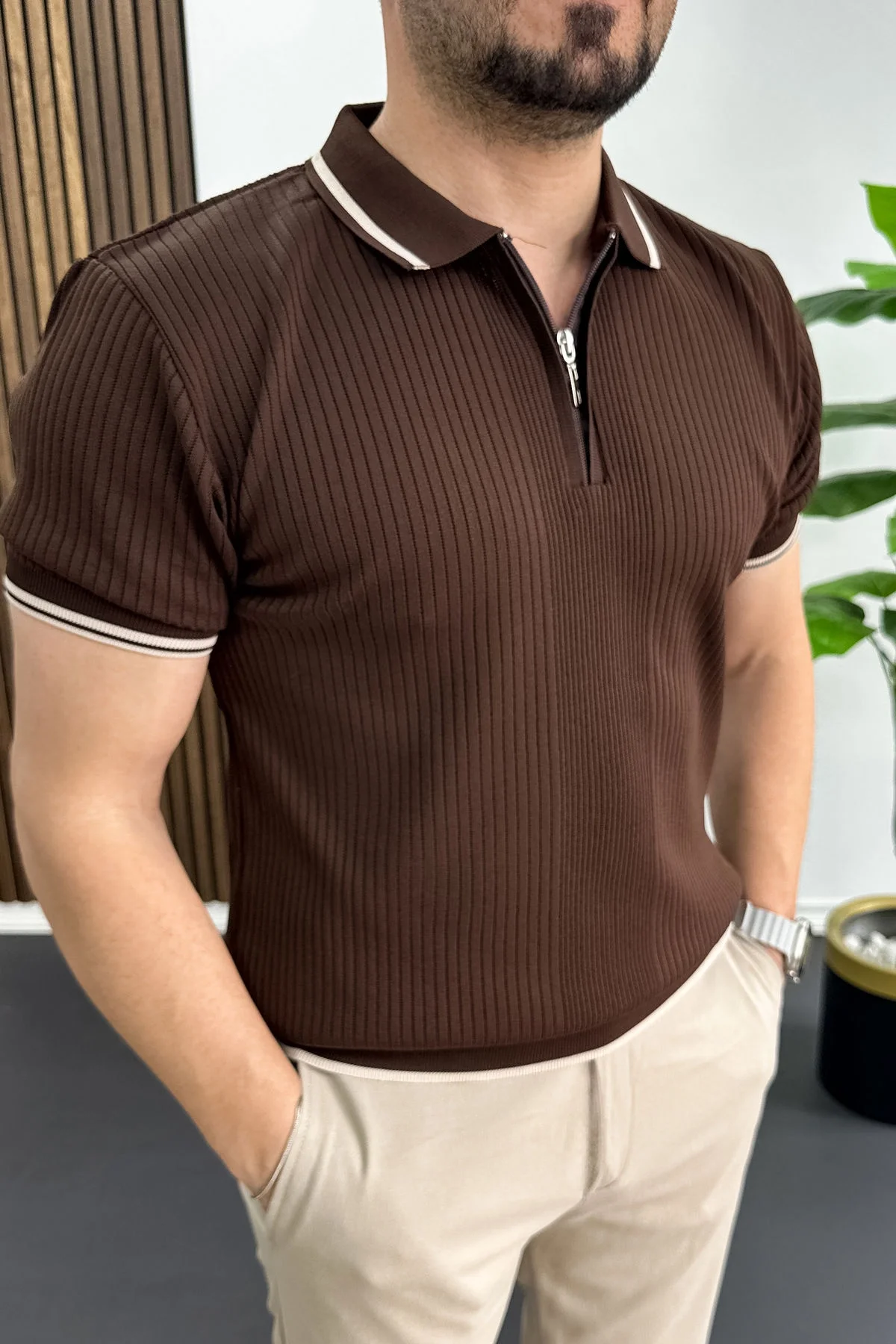 Erkek Polo Yaka Çizgili Tişört Kahverengi Edw472