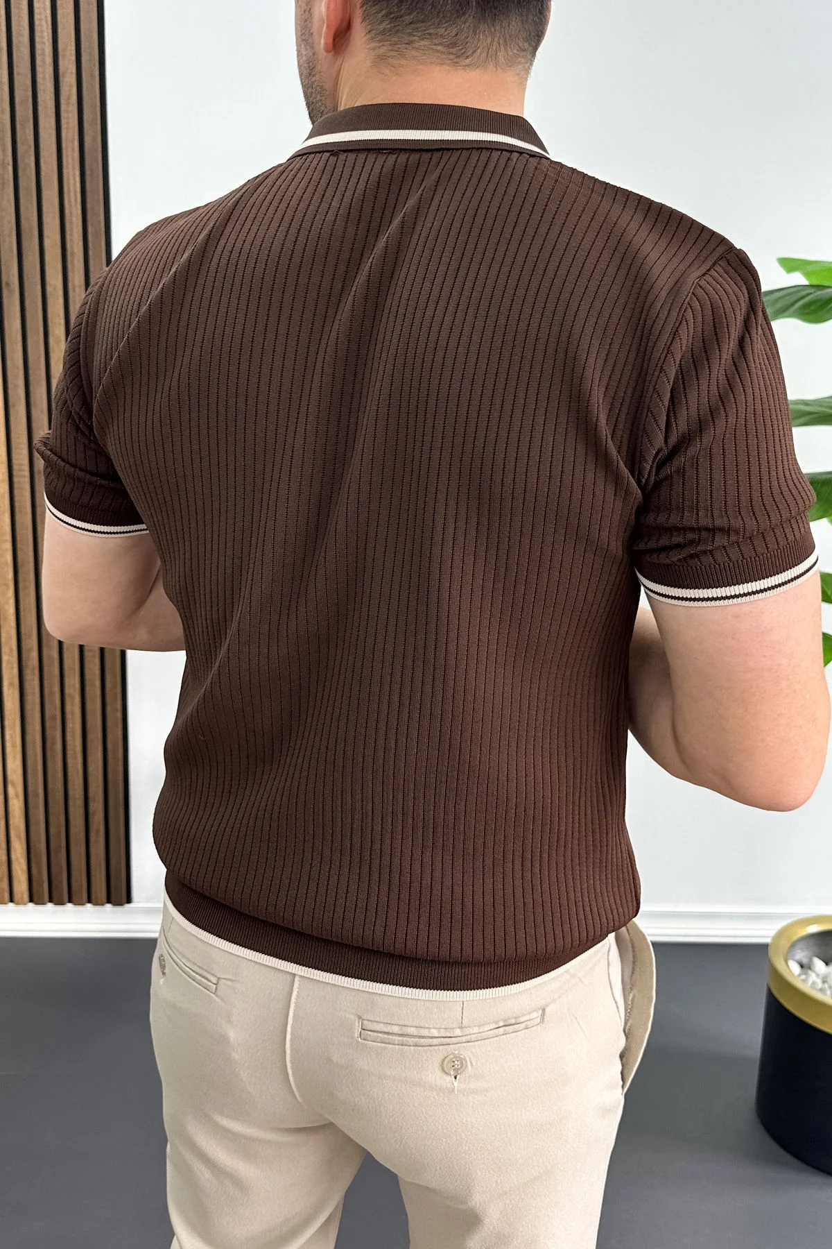 Erkek Polo Yaka Çizgili Tişört Kahverengi Edw472