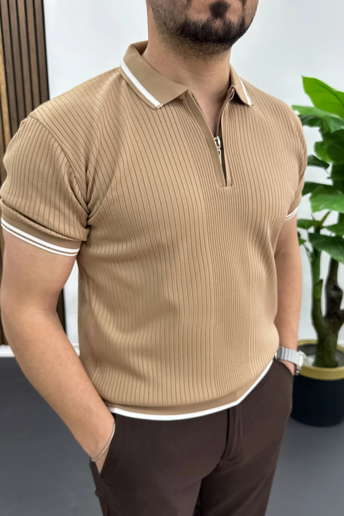 Erkek Polo Yaka Çizgili Tişört Açık Kahverengi Edw472