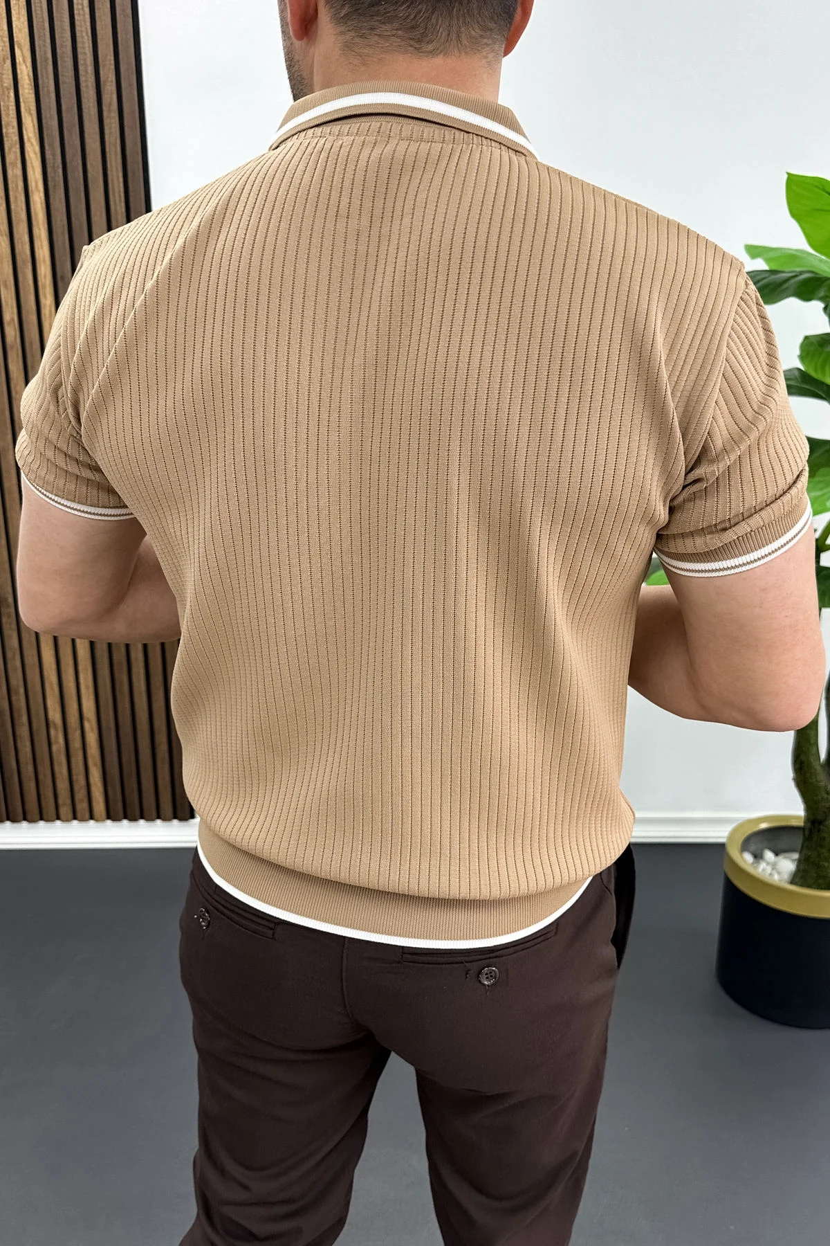 Erkek Polo Yaka Çizgili Tişört Açık Kahverengi Edw472