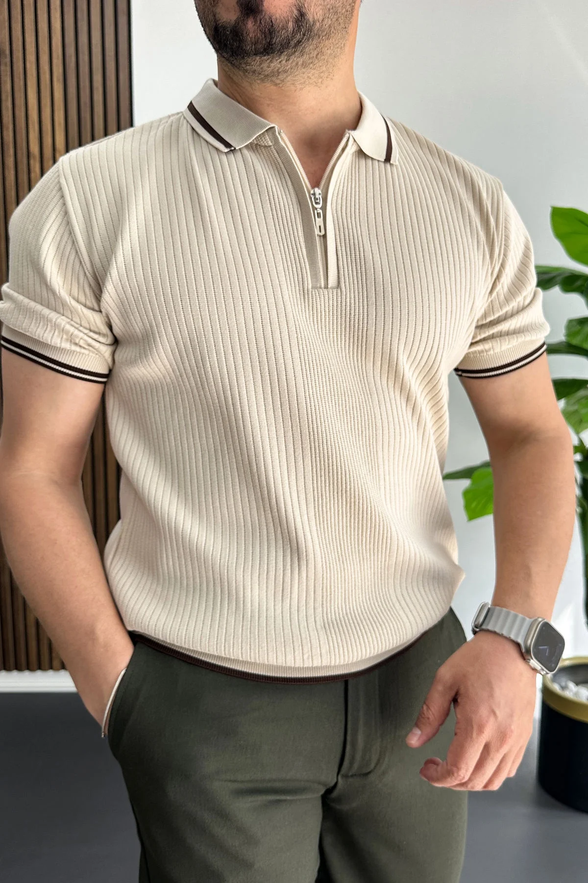 Erkek Polo Yaka Çizgili Tişört Krem Edw472