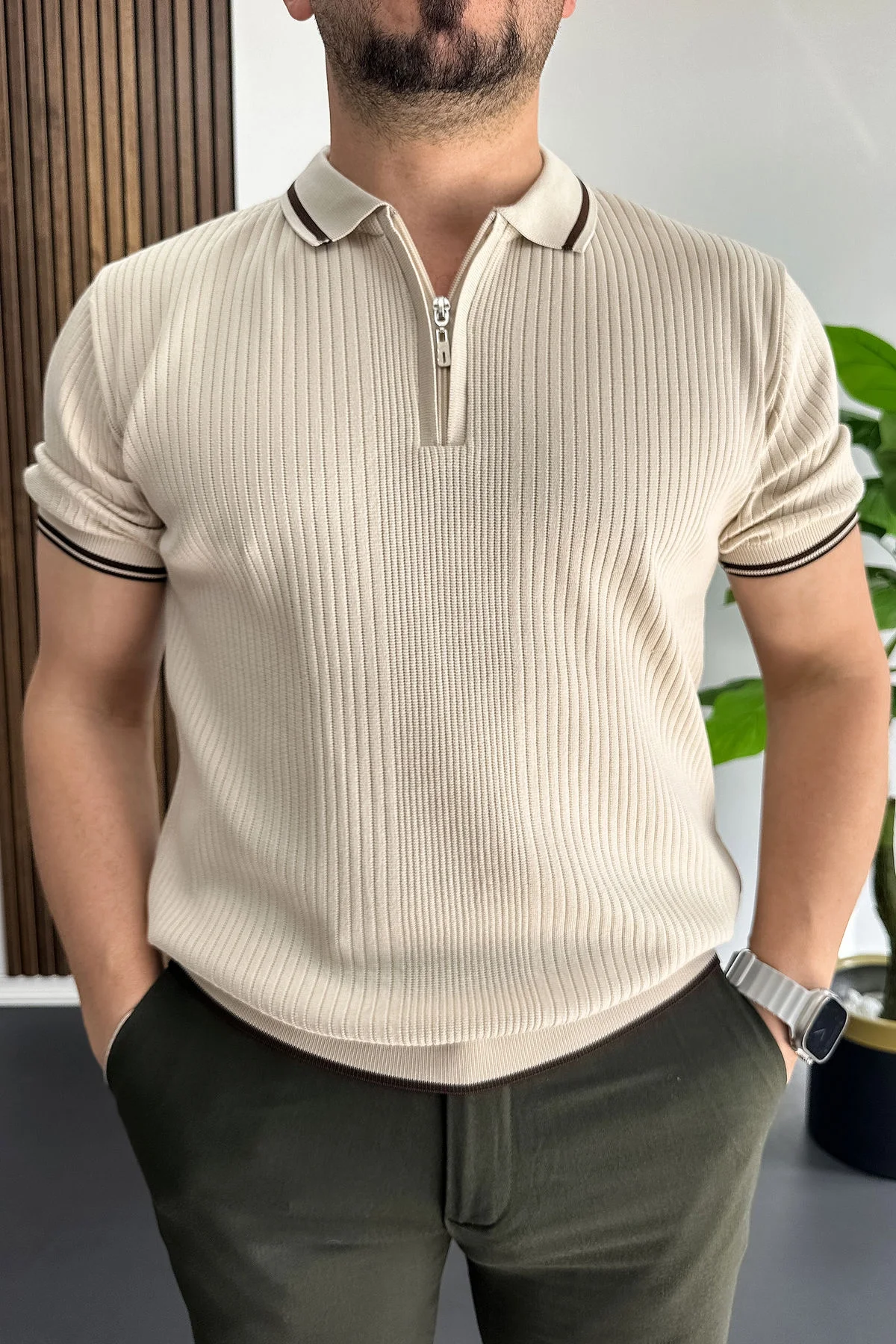 Erkek Polo Yaka Çizgili Tişört Krem Edw472