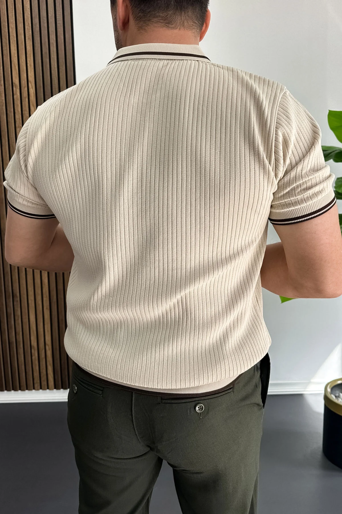 Erkek Polo Yaka Çizgili Tişört Krem Edw472