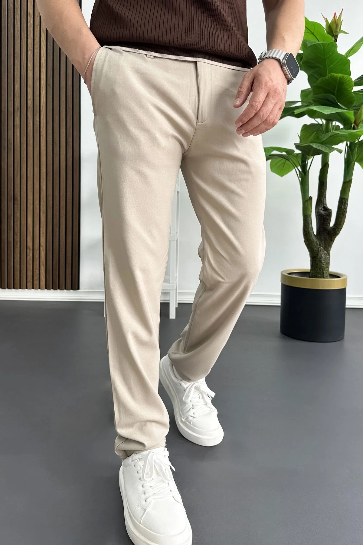 Erkek Slim Fit Beli Düğmeli Pantolon Krem Edw473