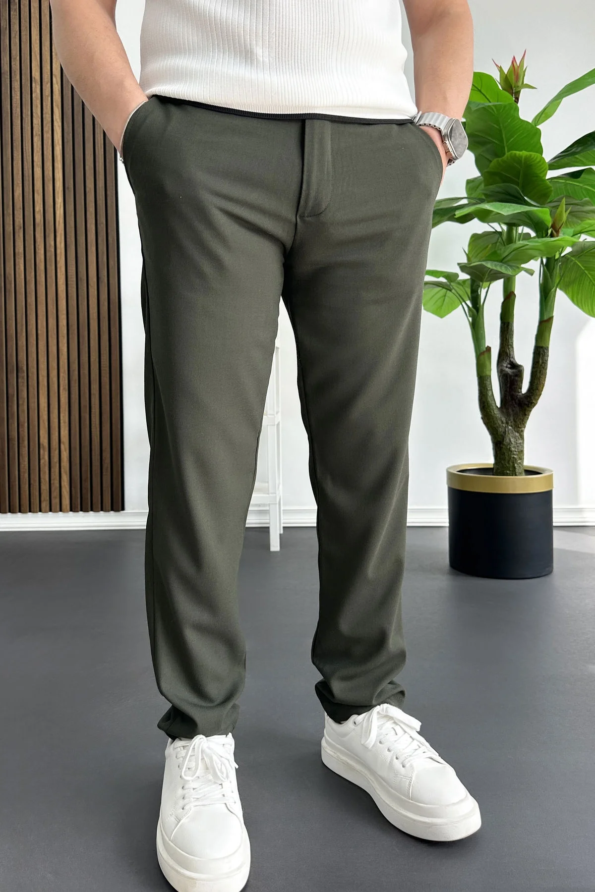Erkek Slim Fit Beli Düğmeli Pantolon Yeşil Edw473