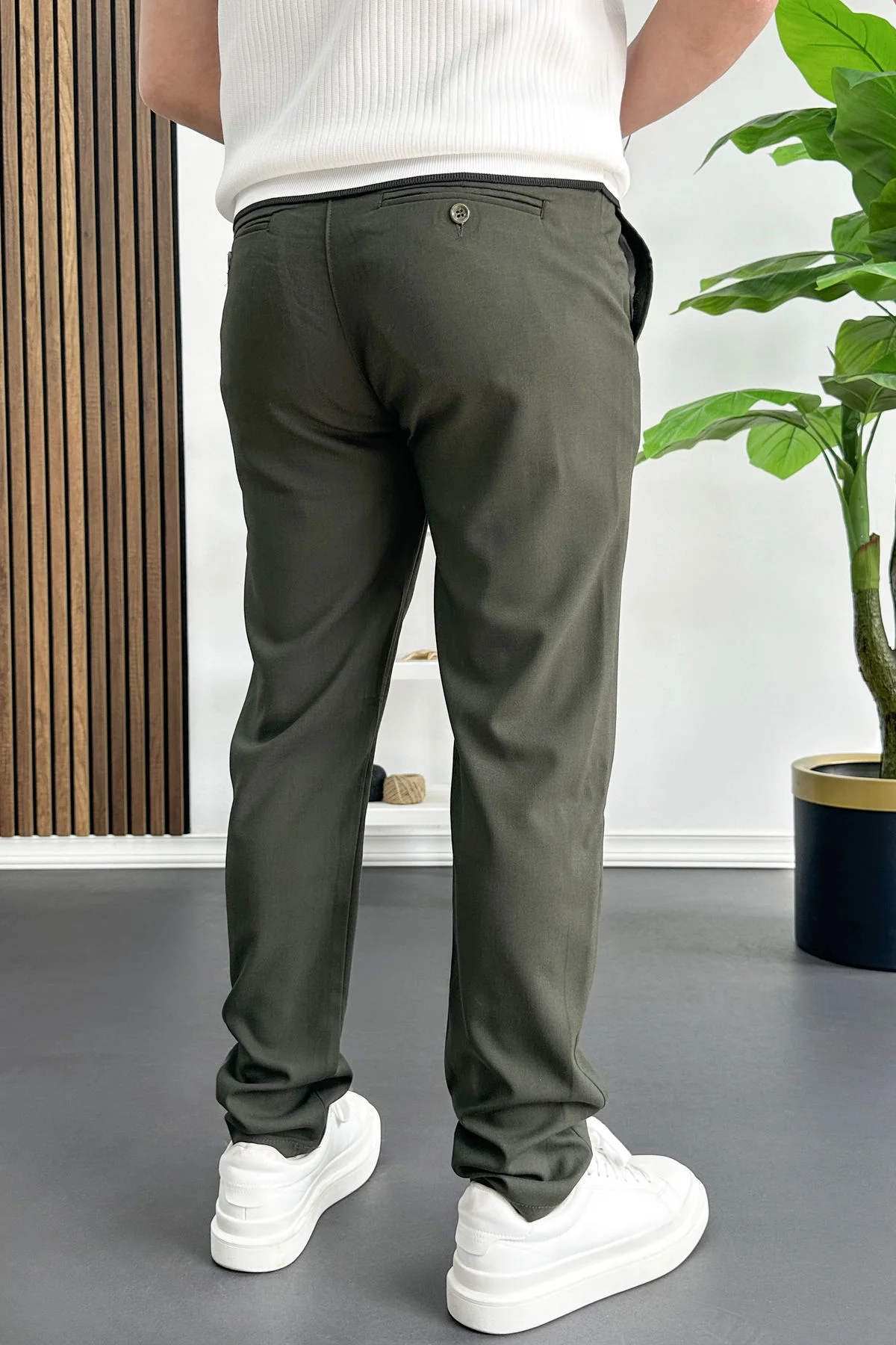 Erkek Slim Fit Beli Düğmeli Pantolon Yeşil Edw473
