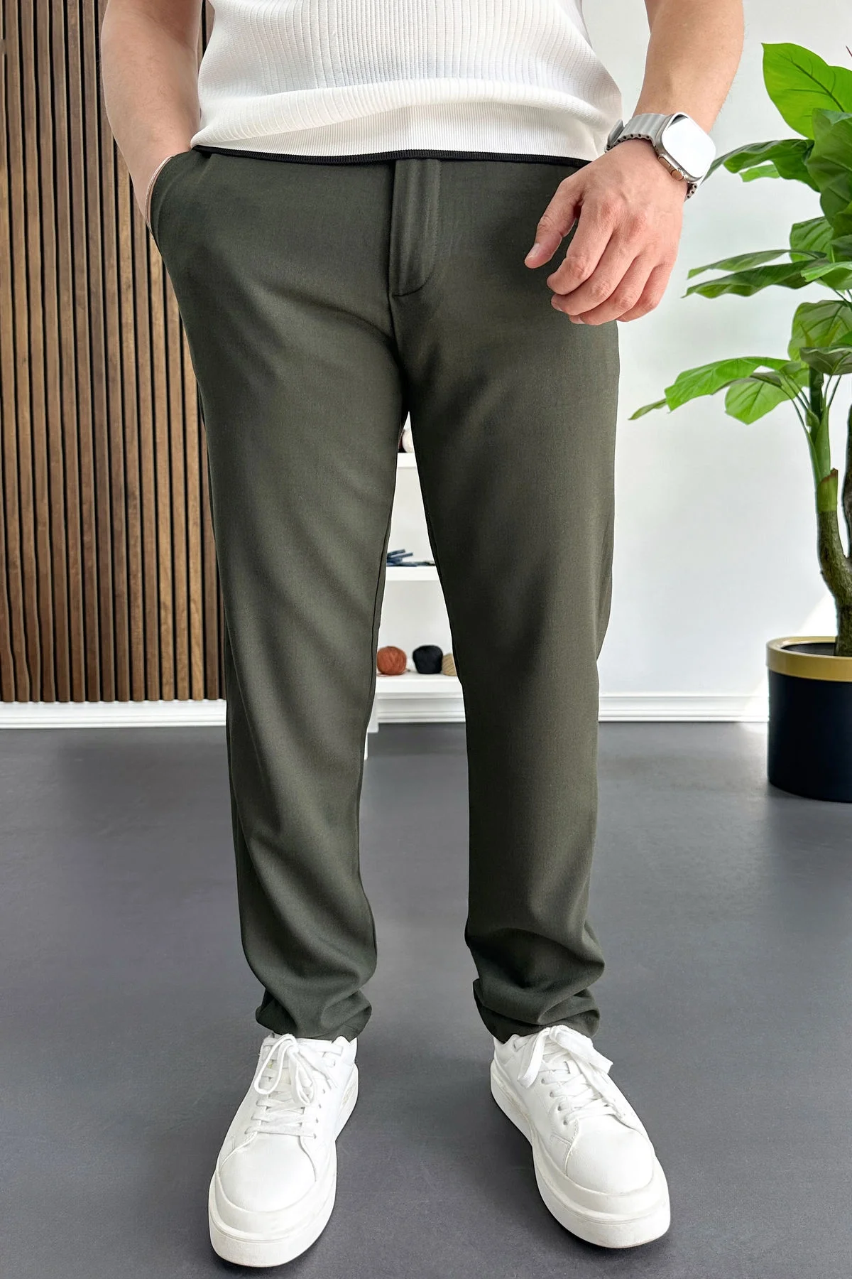 Erkek Slim Fit Beli Düğmeli Pantolon Yeşil Edw473