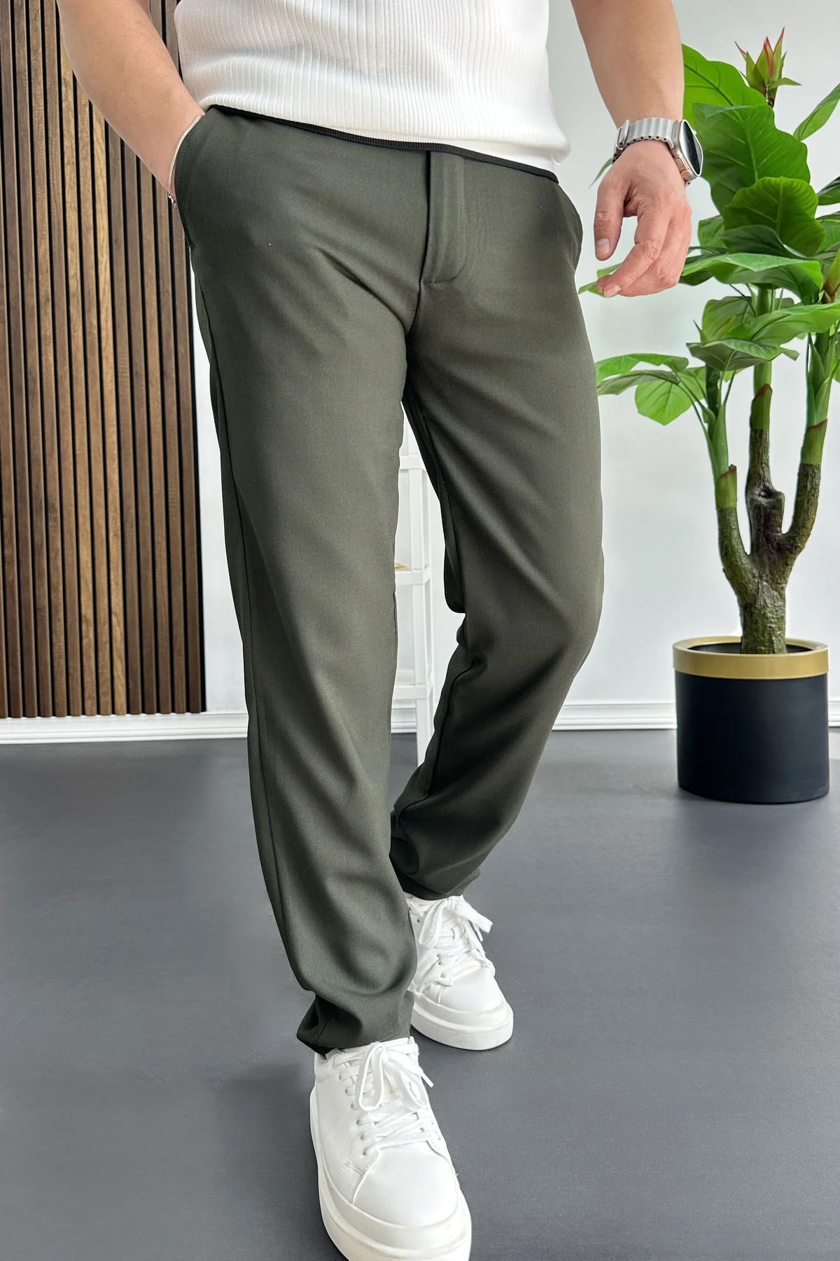 Erkek Slim Fit Beli Düğmeli Pantolon Yeşil Edw473