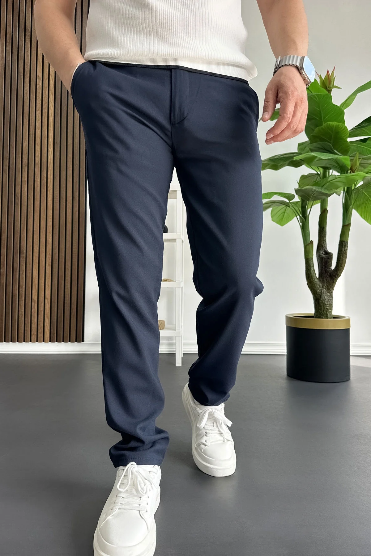 Erkek Slim Fit Beli Düğmeli Pantolon Lacivert Edw473