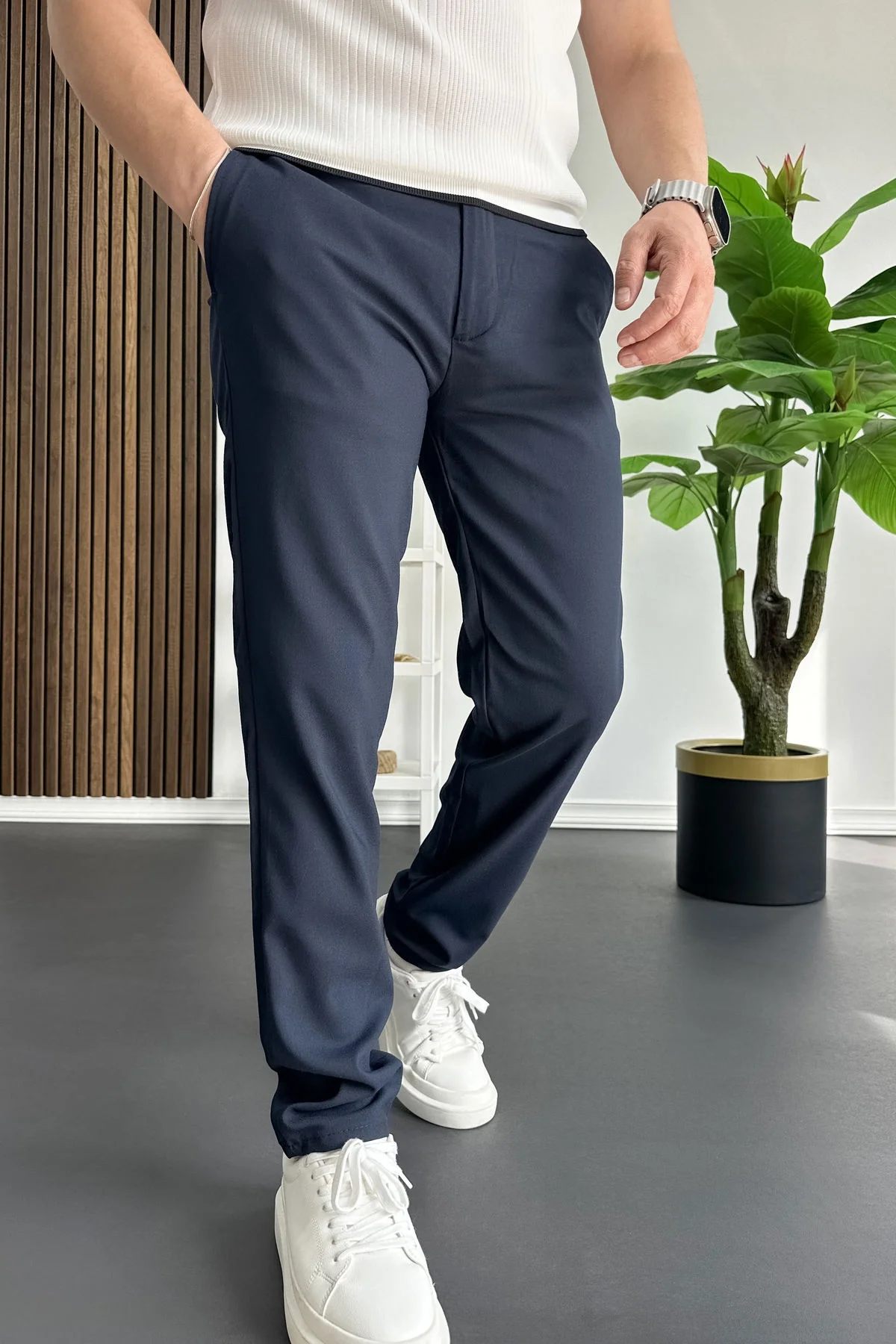 Erkek Slim Fit Beli Düğmeli Pantolon Lacivert Edw473