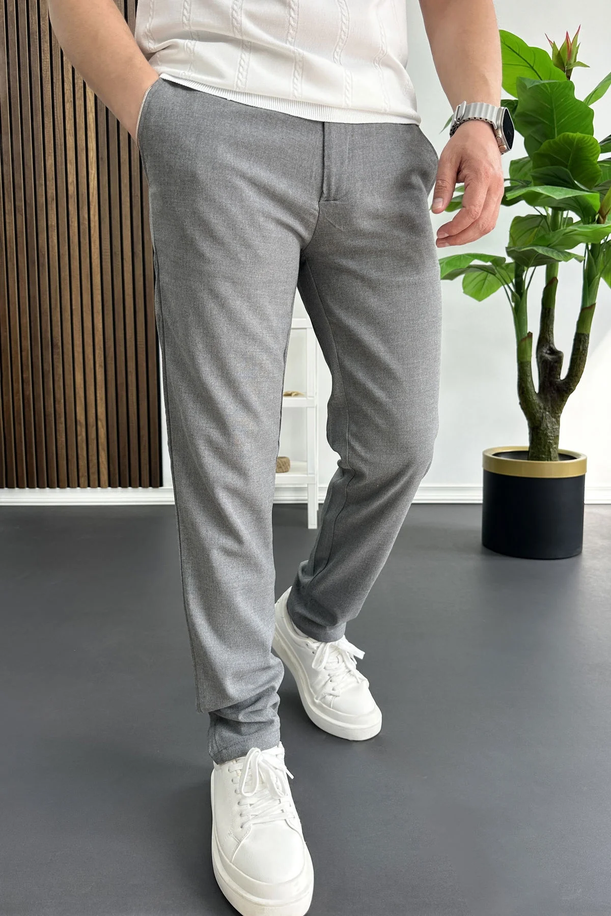 Erkek Slim Fit Beli Düğmeli Pantolon Gri Edw473