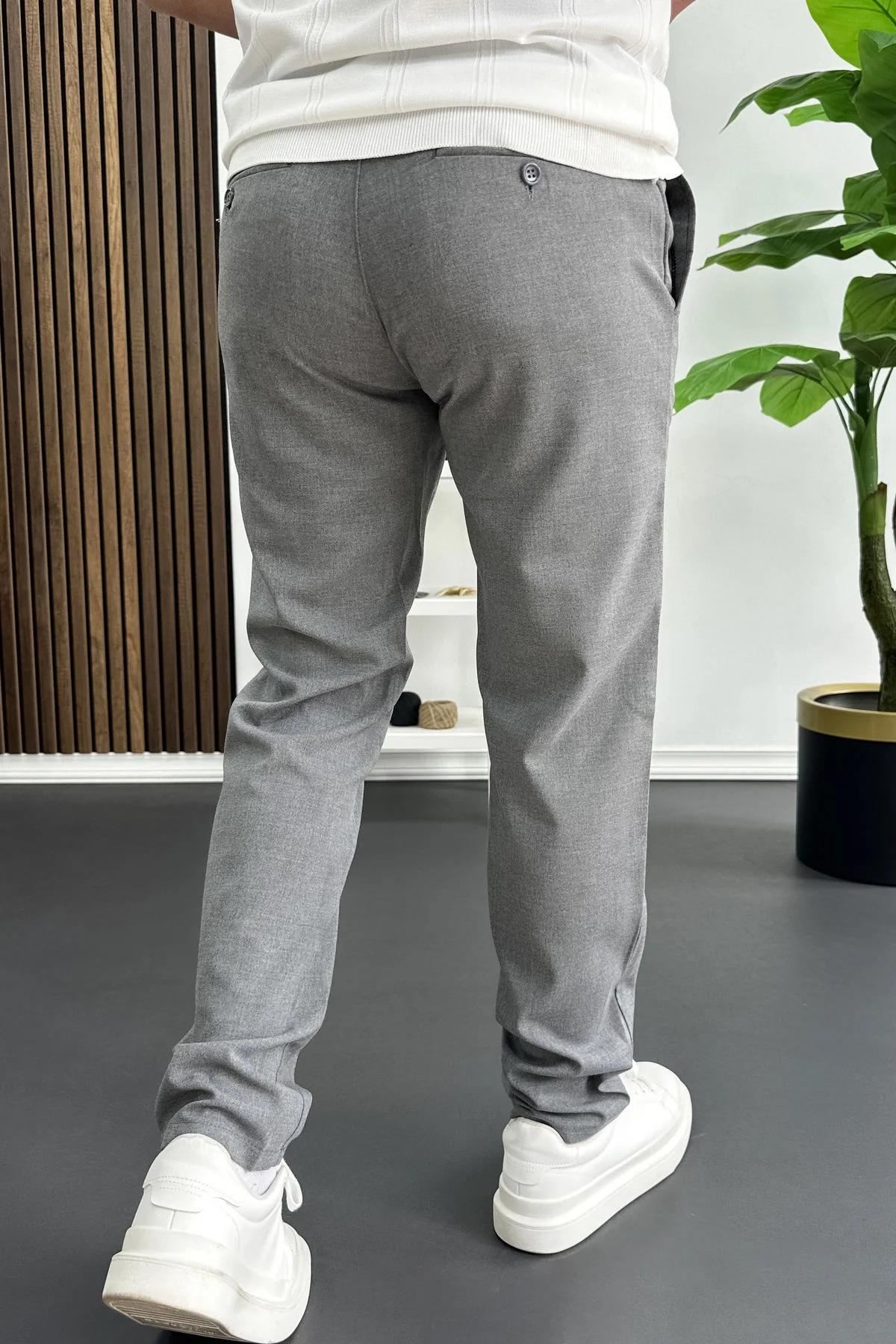 Erkek Slim Fit Beli Düğmeli Pantolon Gri Edw473