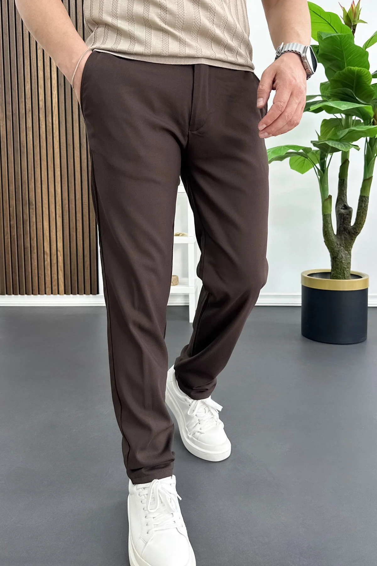 Erkek Slim Fit Beli Düğmeli Pantolon Kahverengi Edw473