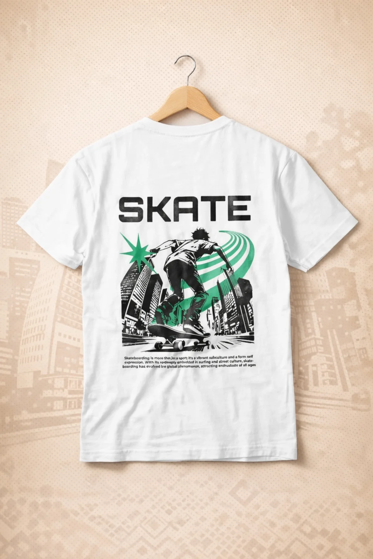 Skate Sırt Baskılı Pamuklu Tişört Ekru Edw902
