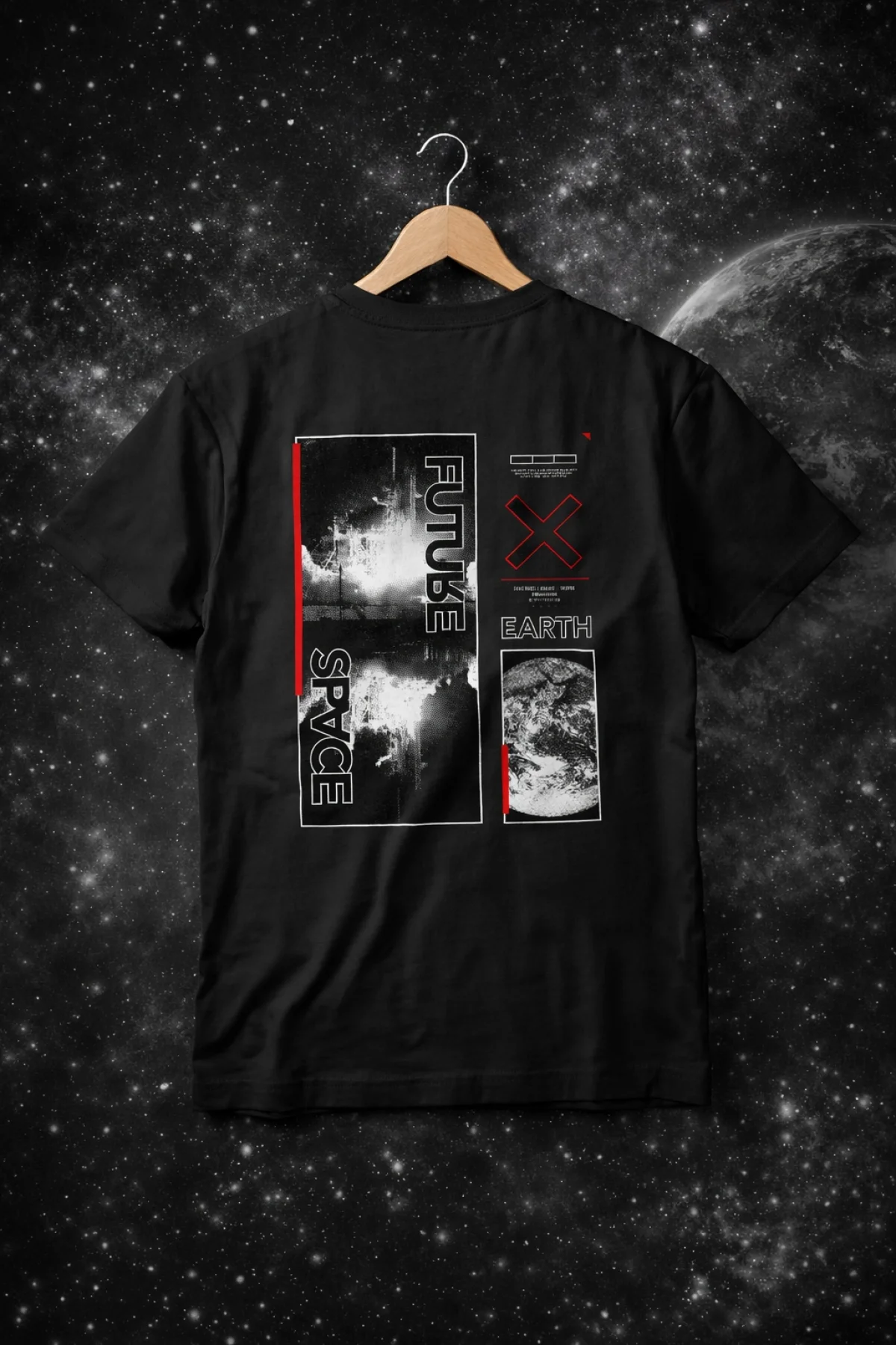 Future Space Sırt Baskılı Pamuklu Tişört Siyah Edw904