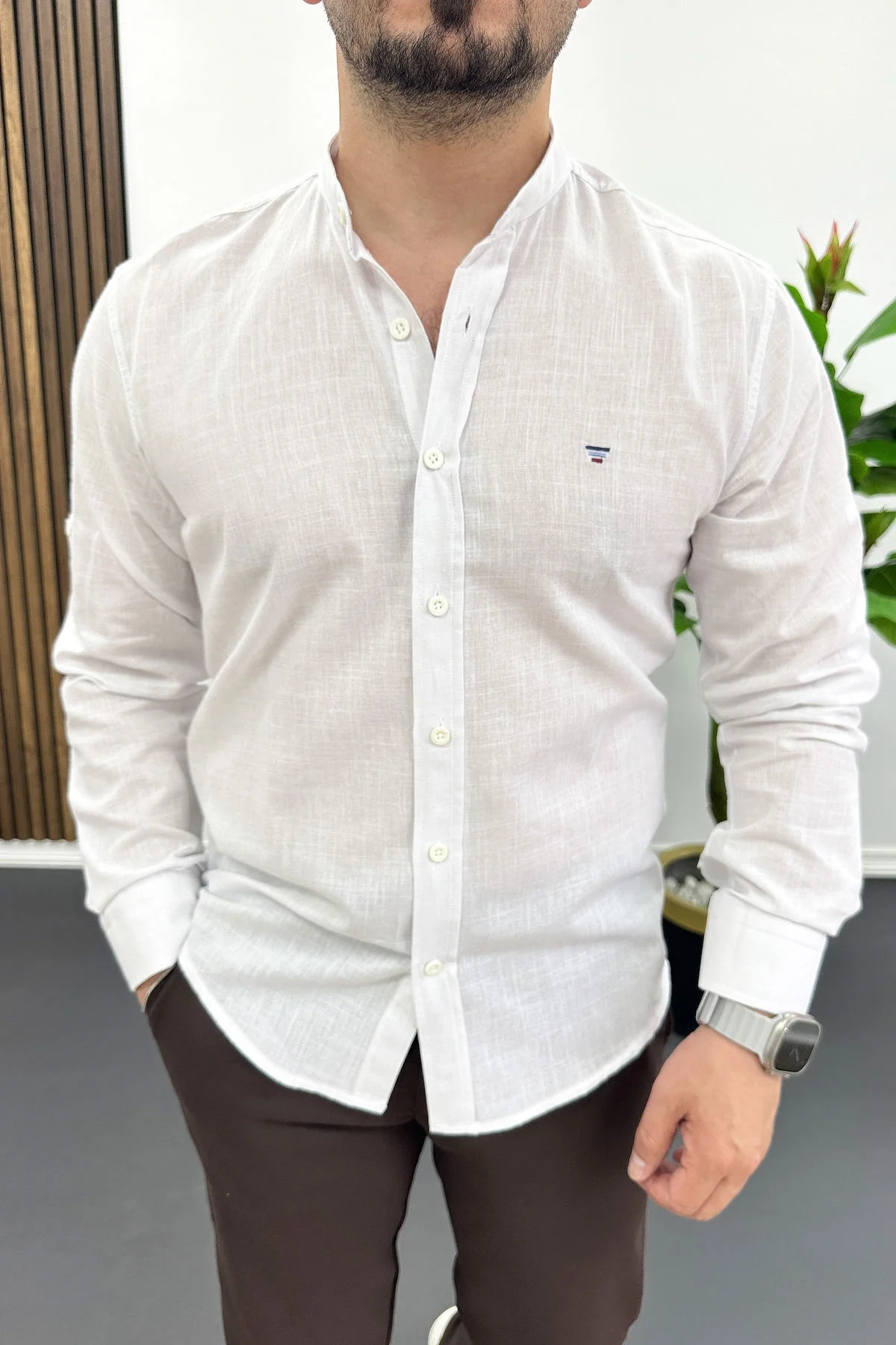 Erkek Hakim Yaka Pamuklu Gömlek Beyaz Edw474