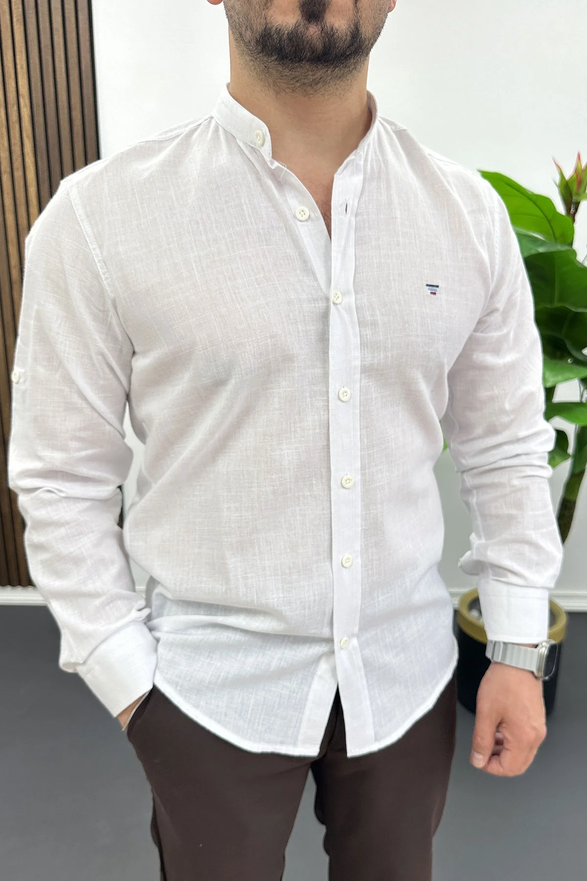 Erkek Hakim Yaka Pamuklu Gömlek Beyaz Edw474