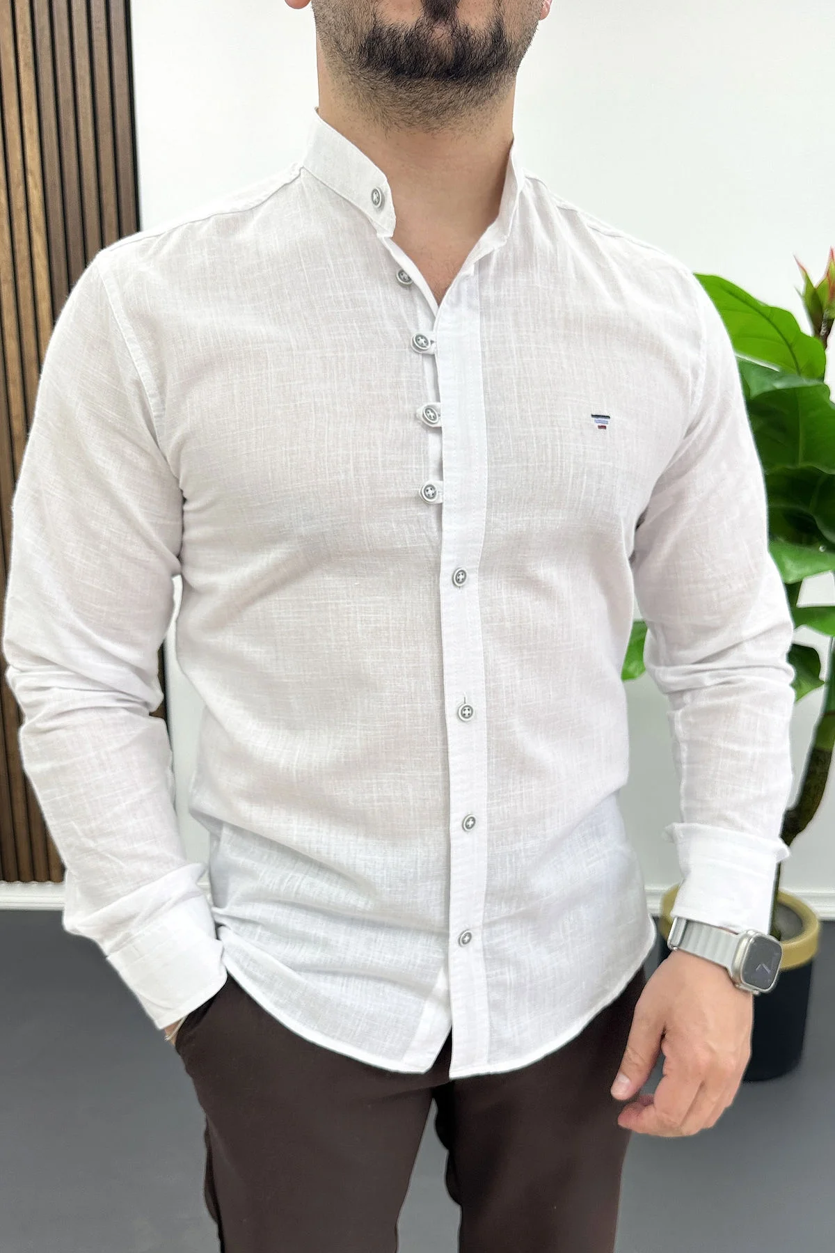 Erkek Hakim Yaka Düğme Detaylı Pamuklu Gömlek Beyaz Edw475
