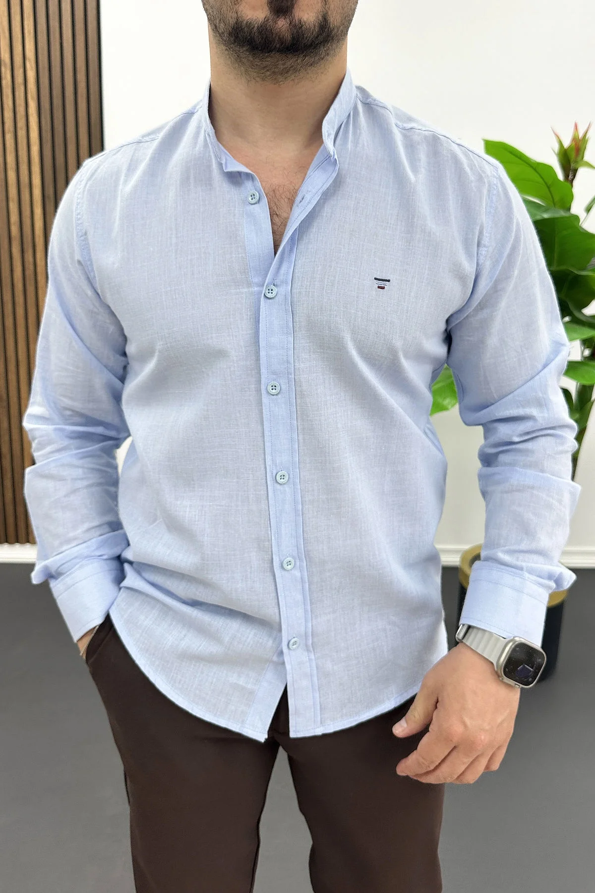 Erkek Hakim Yaka Pamuklu Gömlek Açık Mavi Edw474