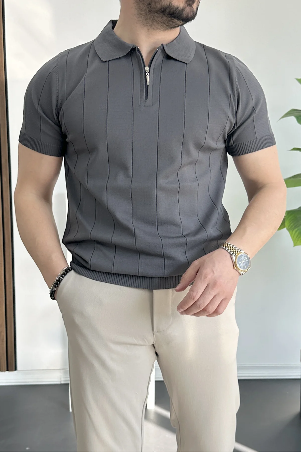 Erkek Slim Fit Fermuarlı Polo Yaka Tişört Antrasit Edw452