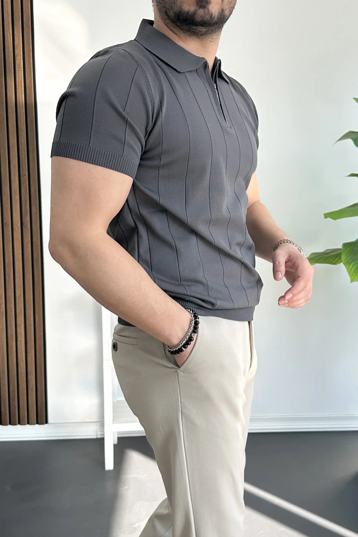 Erkek Slim Fit Fermuarlı Polo Yaka Tişört Antrasit Edw452