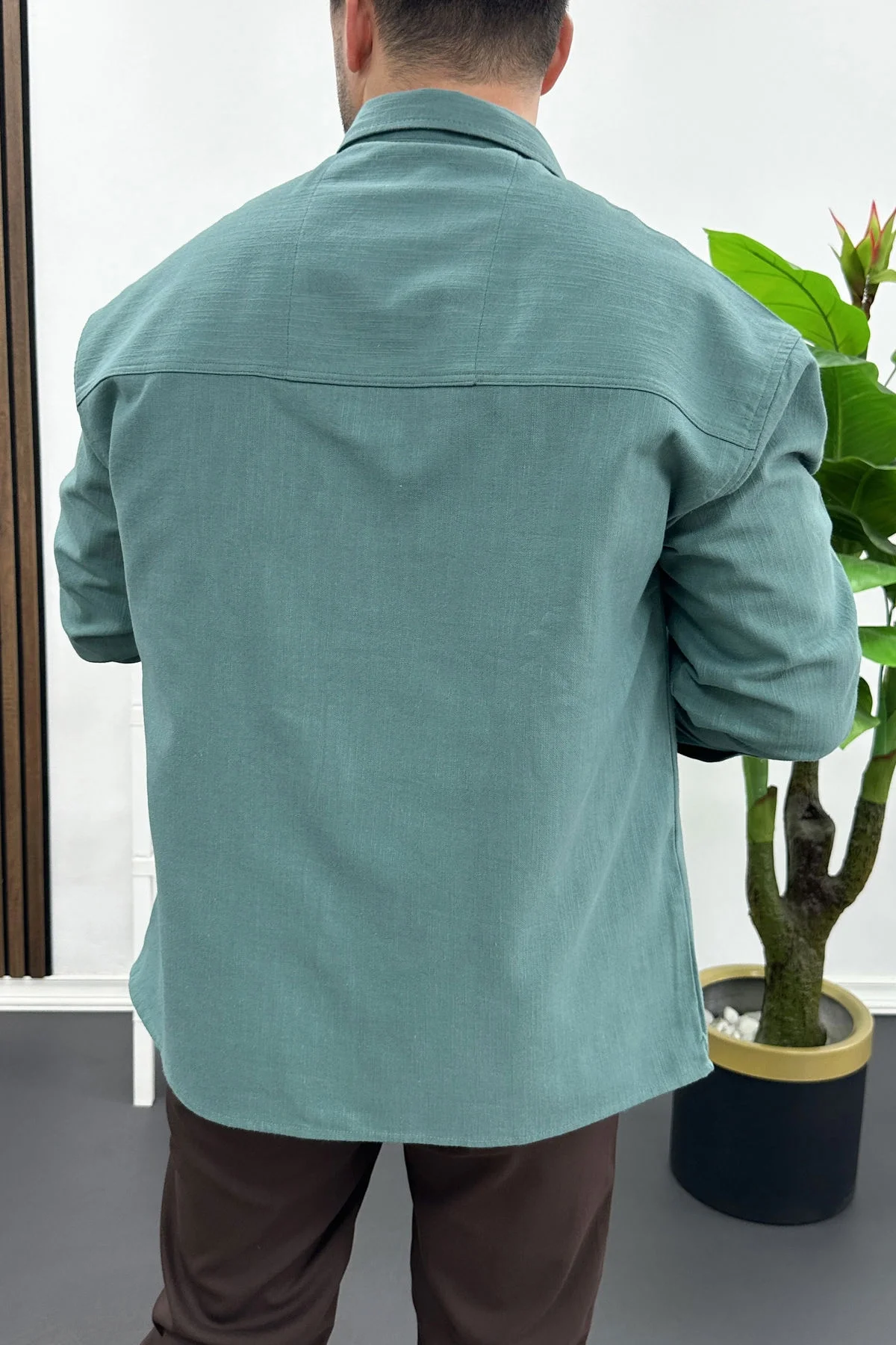 Erkek Pamuklu Keten Görünümlü Gömlek Su Yeşili Edw444