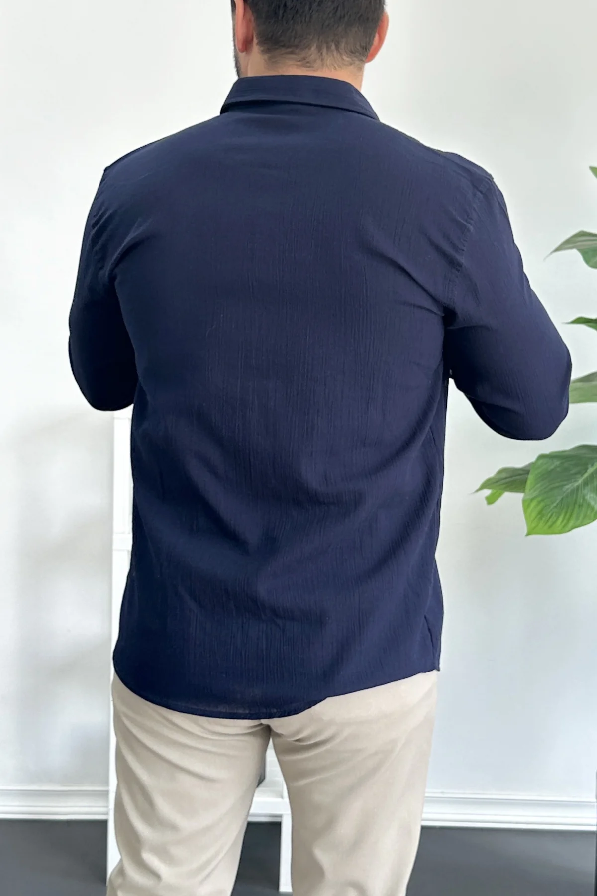 Erkek Krinkıl Kumaş Gömlek Lacivert Edw362