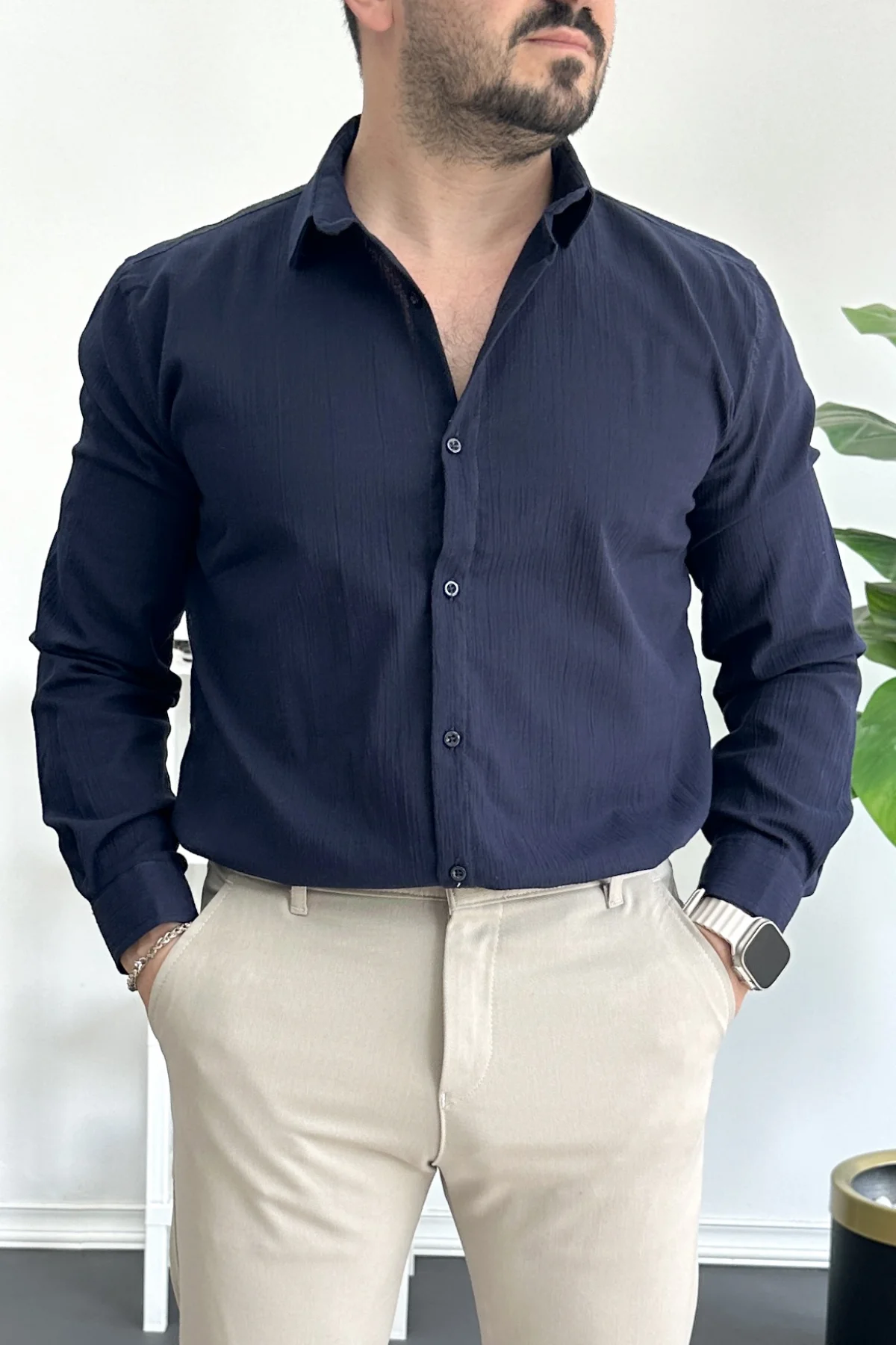Erkek Krinkıl Kumaş Gömlek Lacivert Edw362