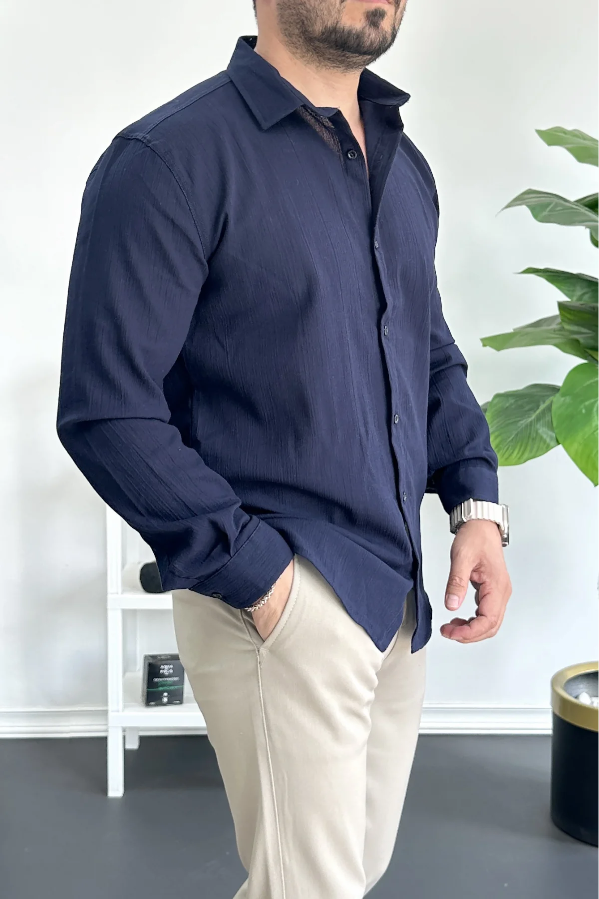 Erkek Krinkıl Kumaş Gömlek Lacivert Edw362