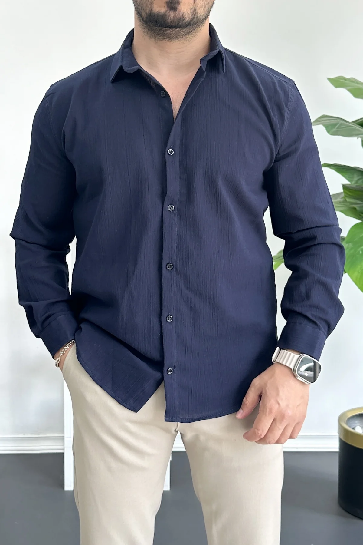 Erkek Krinkıl Kumaş Gömlek Lacivert Edw362