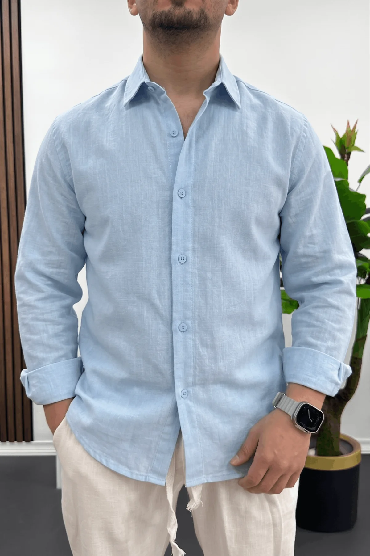 Erkek Pamuklu Keten Görünümlü Gömlek Açık Mavi Edw444