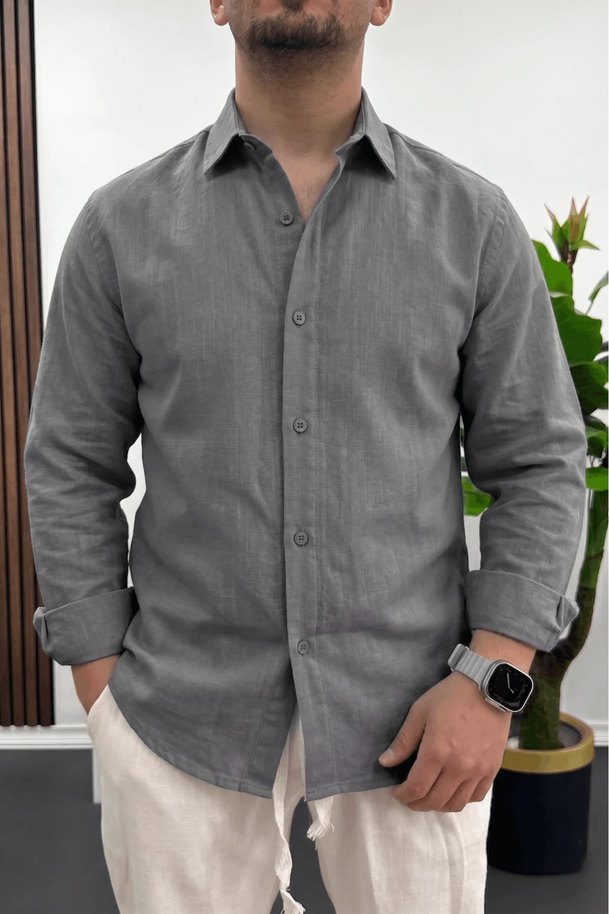 Erkek Pamuklu Keten Görünümlü Gömlek Antrasit Edw444